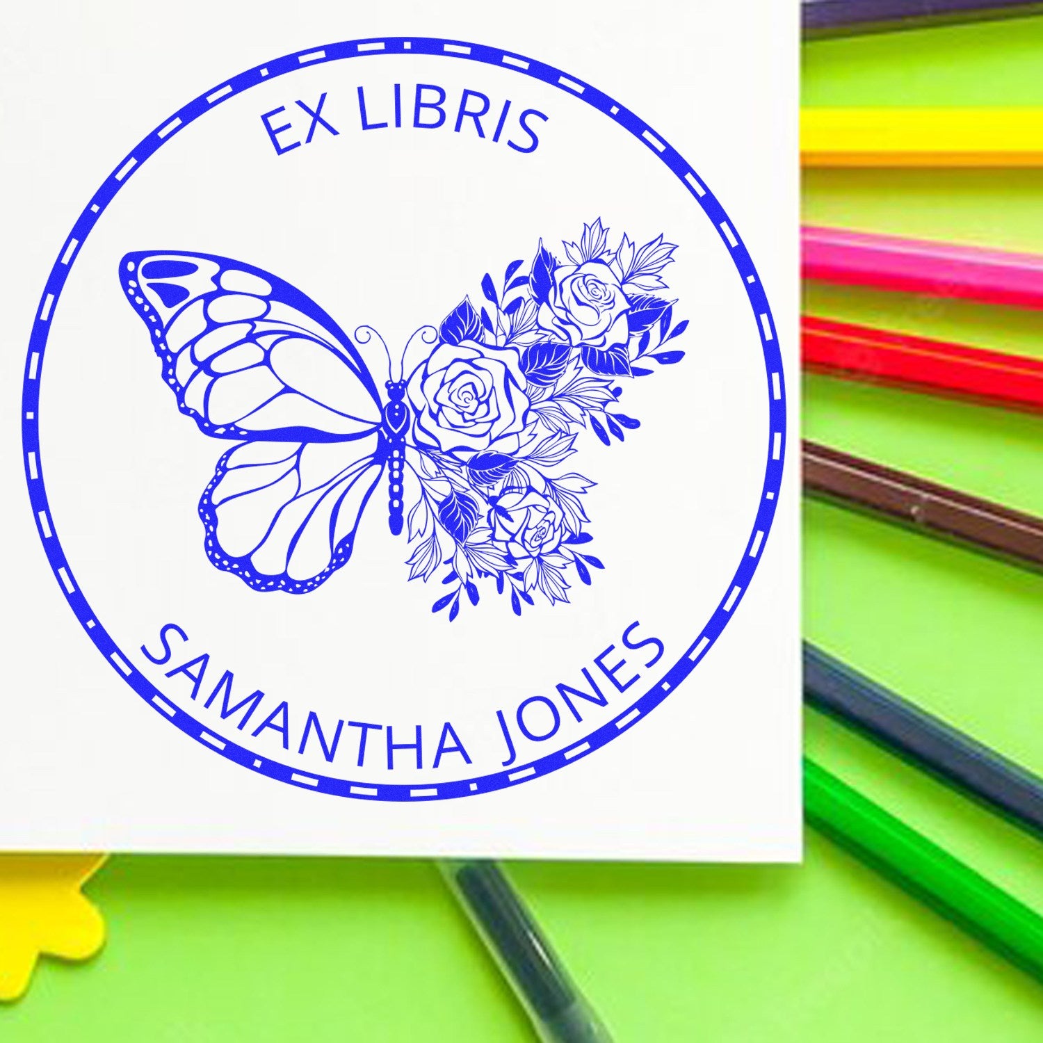 Blue Ex Libris library stamp seal with butterfly, roses, and Samantha Jones name