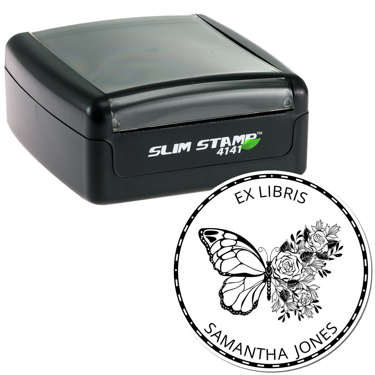 Black Slim Stamp 4141 self-inking stamp with white circular ex libris seal, butterfly, roses, and Samantha Jones text.