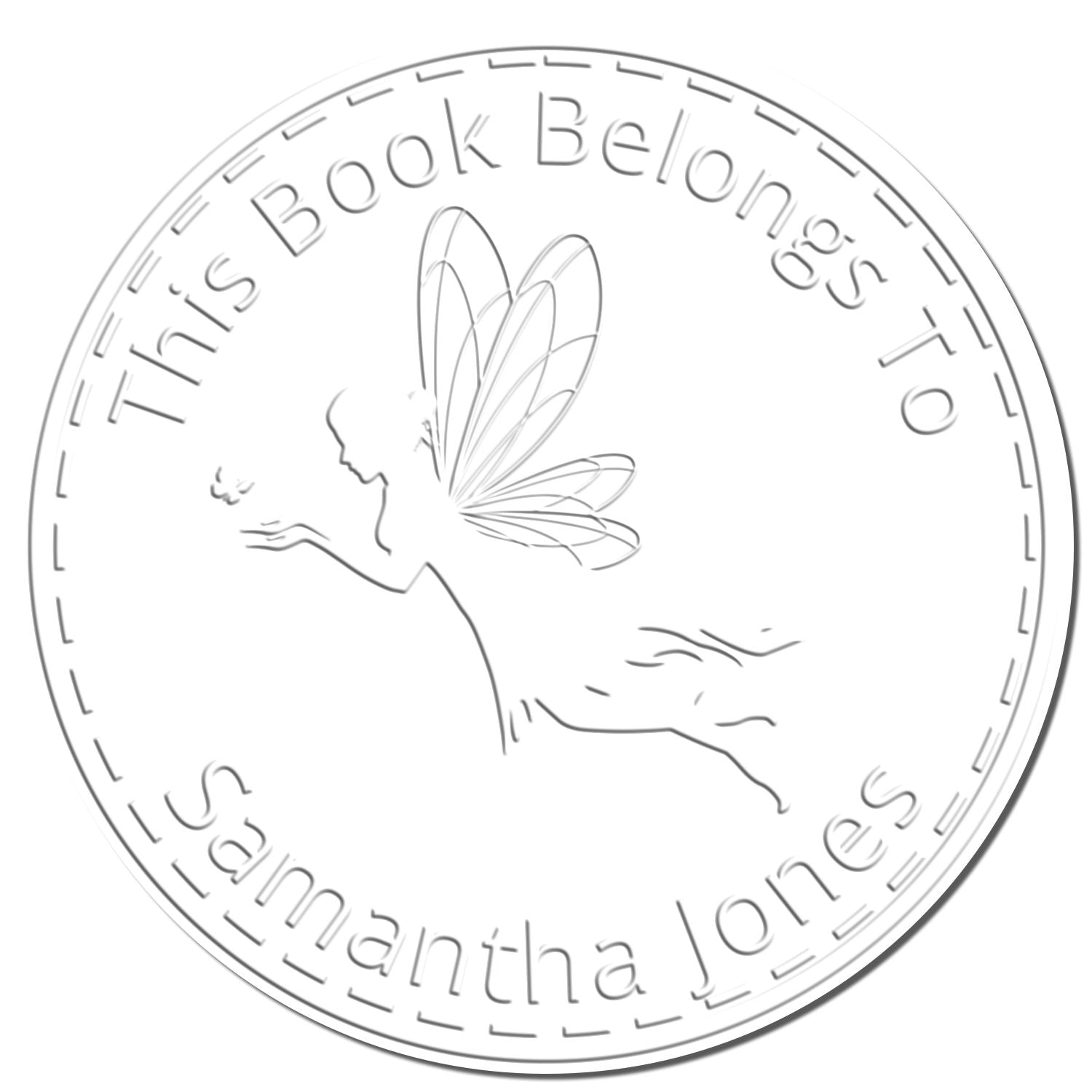 Circular gray embossed book stamp seal with fairy silhouette and text This Book Belongs to Samantha Jones