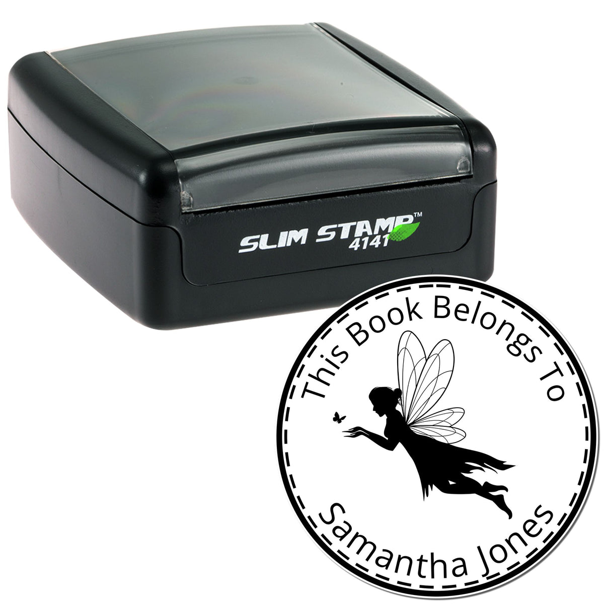 Black Slim Stamp 4141 with custom circular book seal in black and white, featuring fairy silhouette and This Book Belongs To Samantha Jones