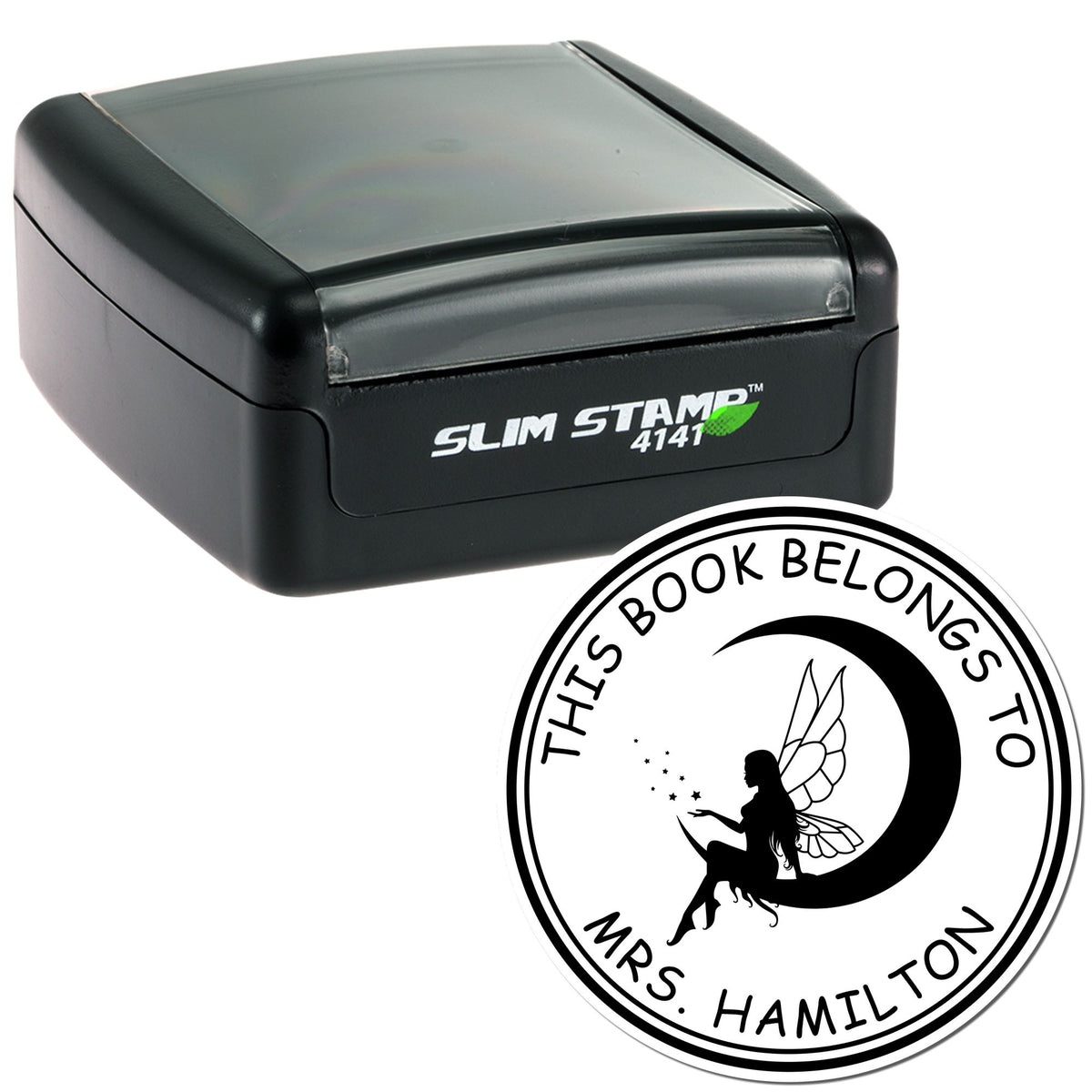 Black Slim Stamp 4141 self-inking stamp with clear cap and round book seal reading This Book Belongs to Mrs. Hamilton.