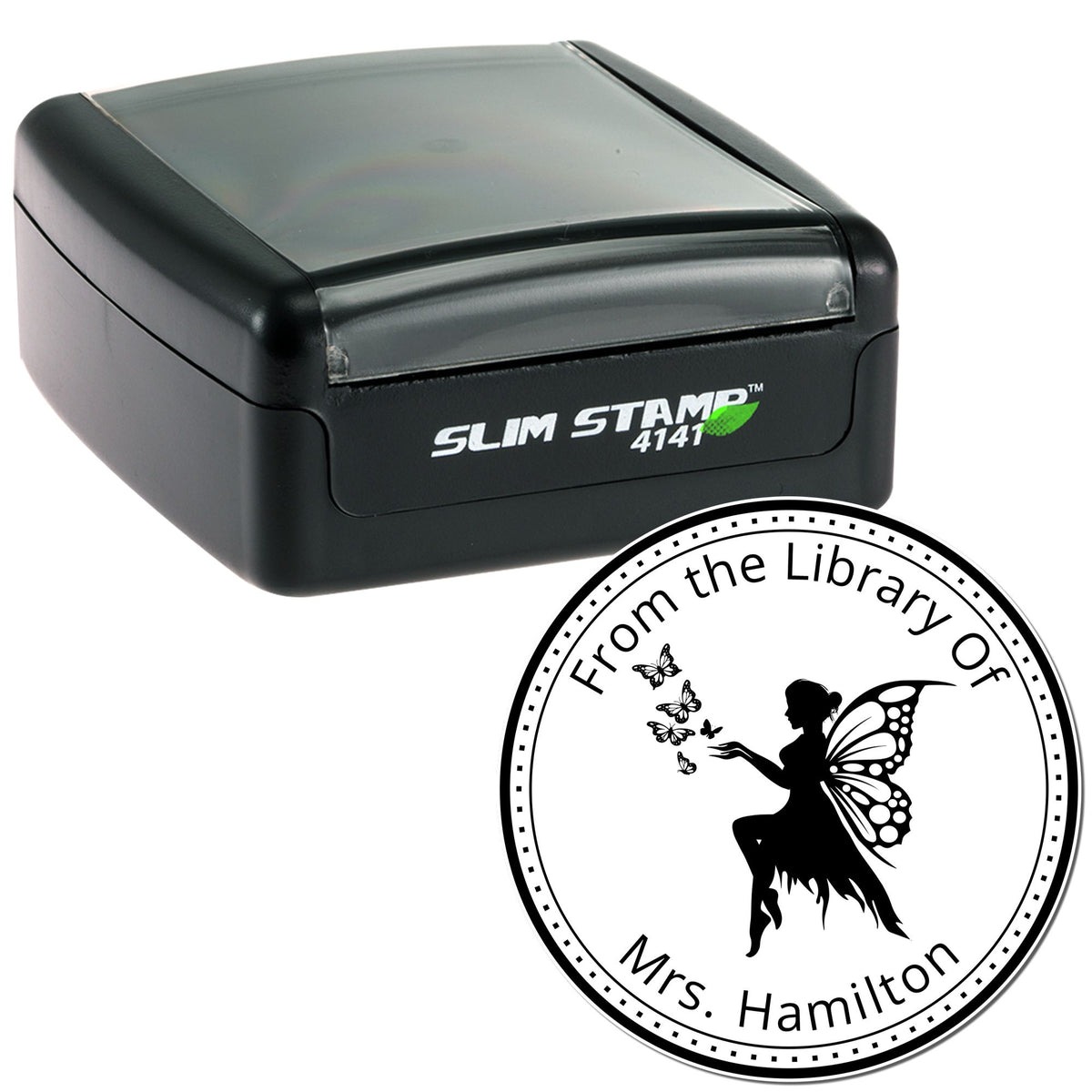Black Slim Stamp 4141 with round white library seal, fairy silhouette, and From the Library Of Mrs. Hamilton text.