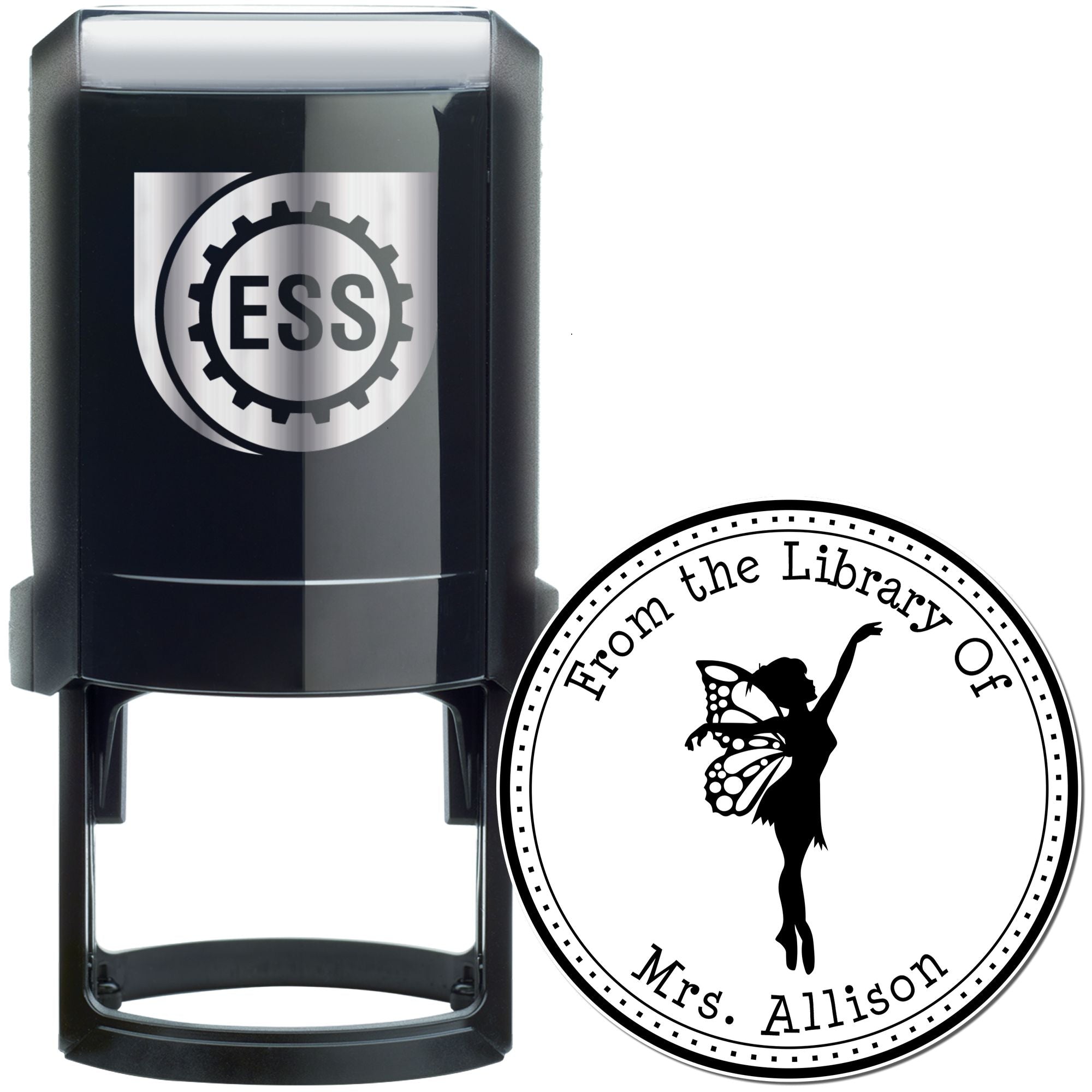 Black self-inking stamp with ESS gear logo beside a round library seal reading From the Library Of Mrs. Allison with fairy silhouette.