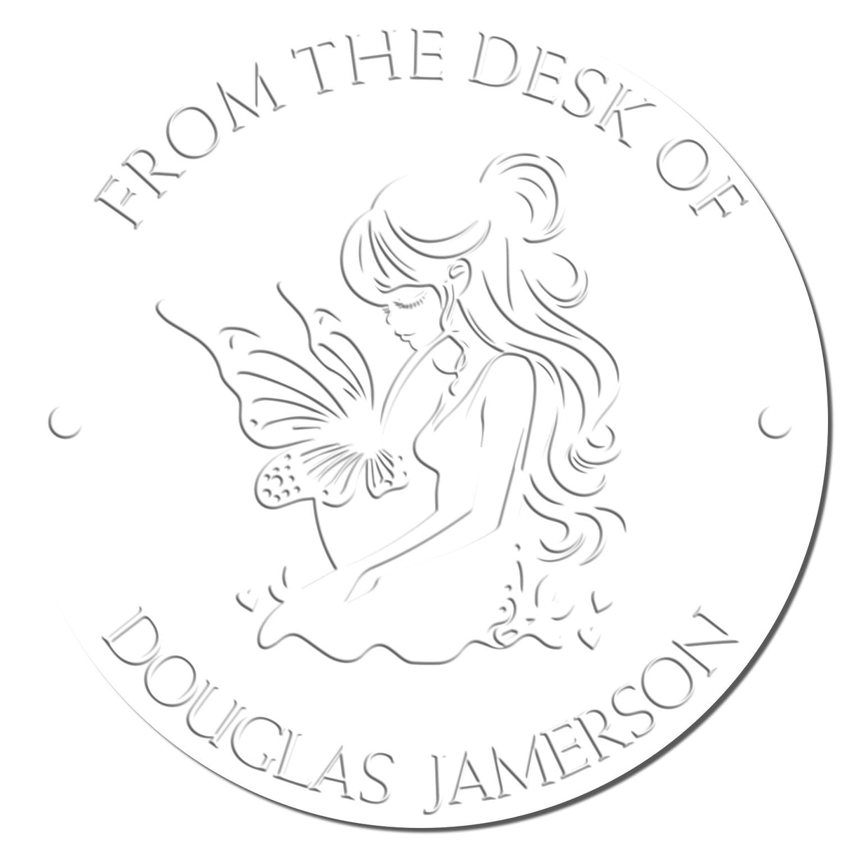 White embossed circular stamp seal with fairy and butterfly, reading From the Desk of Douglas Jamerson