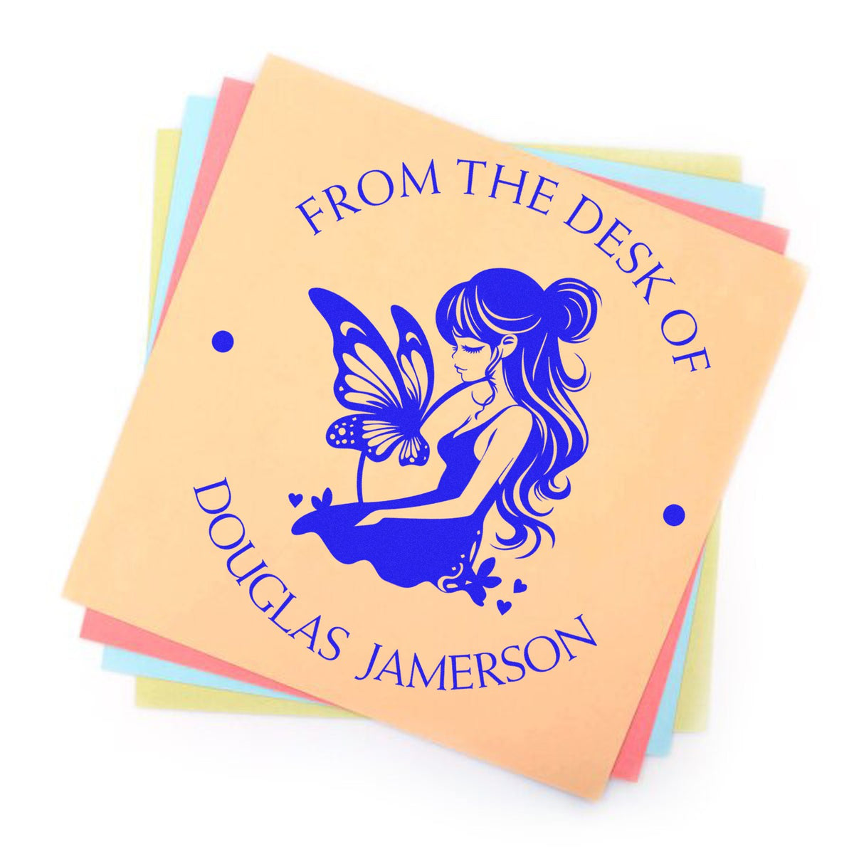 Pastel stamp and seal sheets with blue fairy and butterfly design, From the Desk of Douglas Jamerson text.