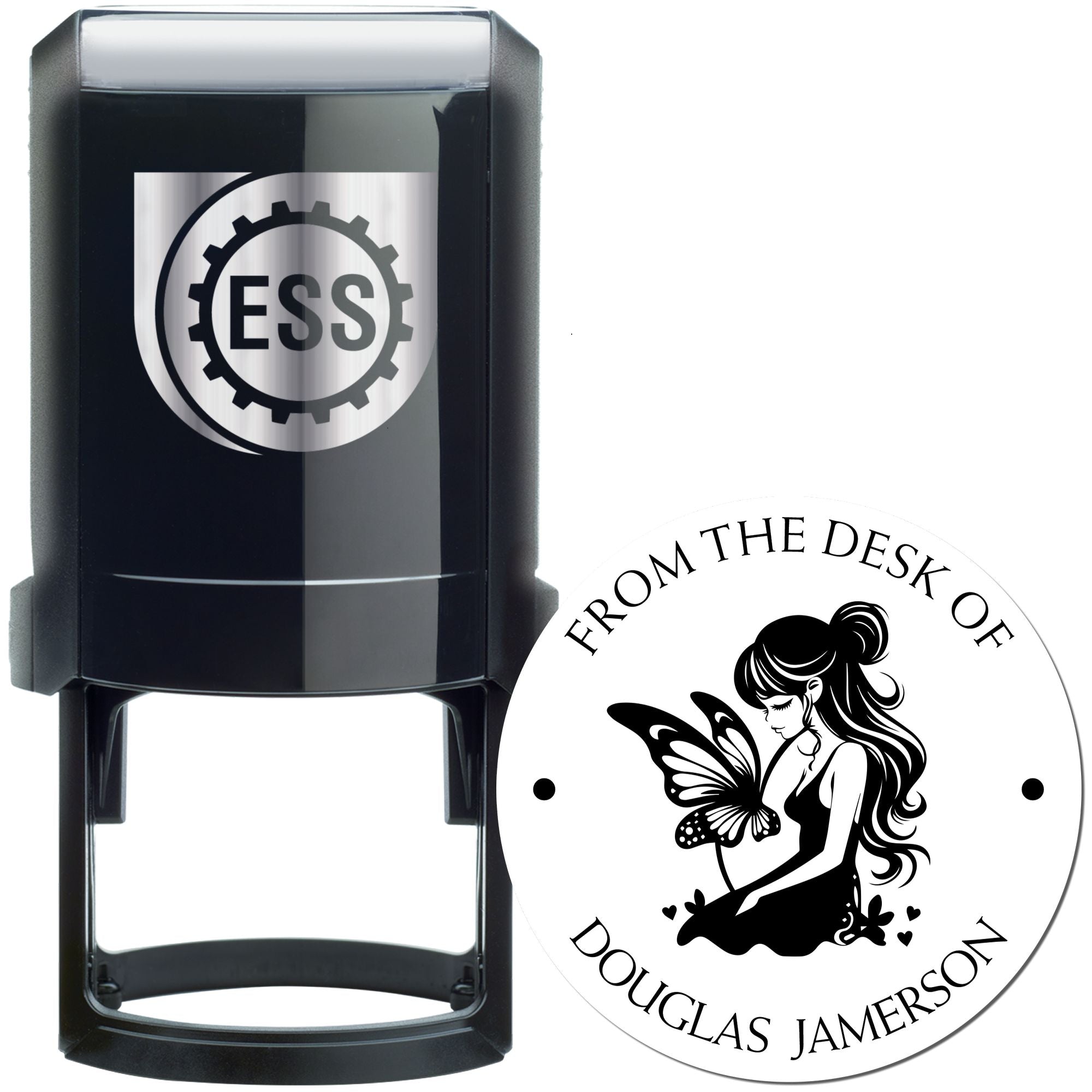Black self-inking stamp and custom seal with silver ESS logo, plus white circular seal featuring a fairy and butterfly