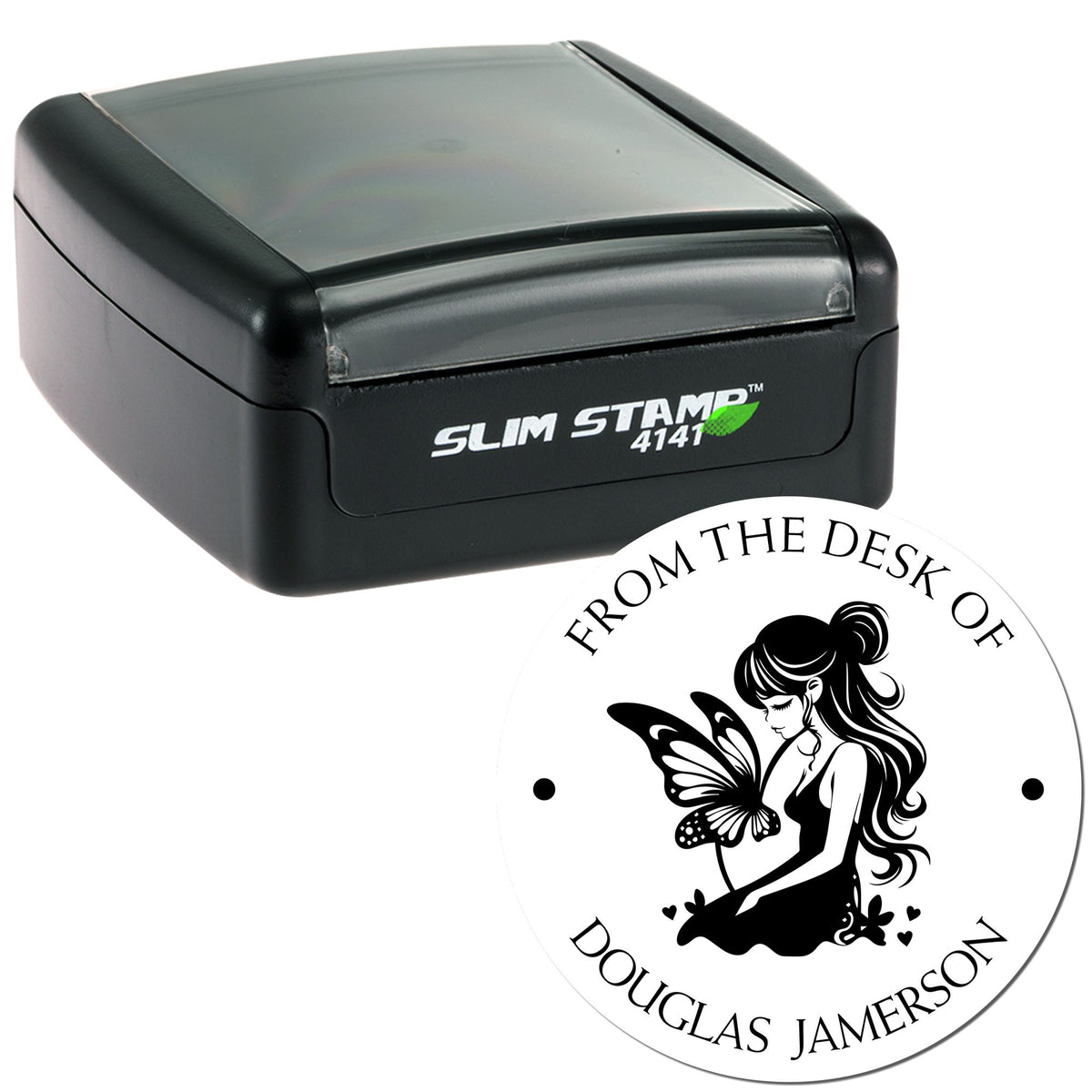 Black slim self-inking stamp and custom round seal with fairy silhouette, butterfly, and From the Desk of Douglas Jamerson text.