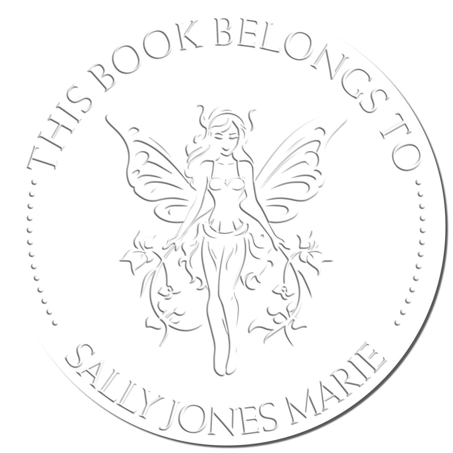 Silver circular book stamp seal with fairy illustration and embossed text: This book belongs to Sally Jones Marie.
