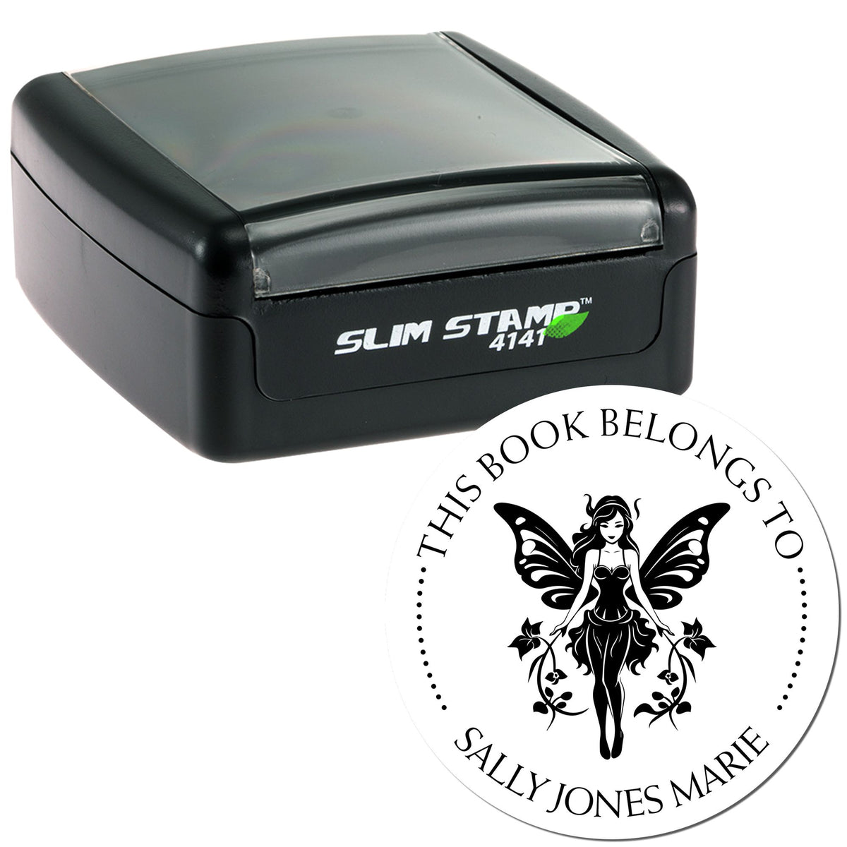 Black Slim Stamp 4141 with translucent cap and round custom seal showing a fairy and Sally Jones Marie text.