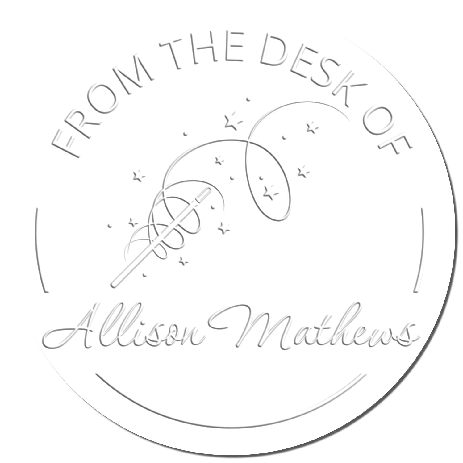 White circular embossing seal stamp with gray From the Desk of Allison Mathews text and a pen illustration.