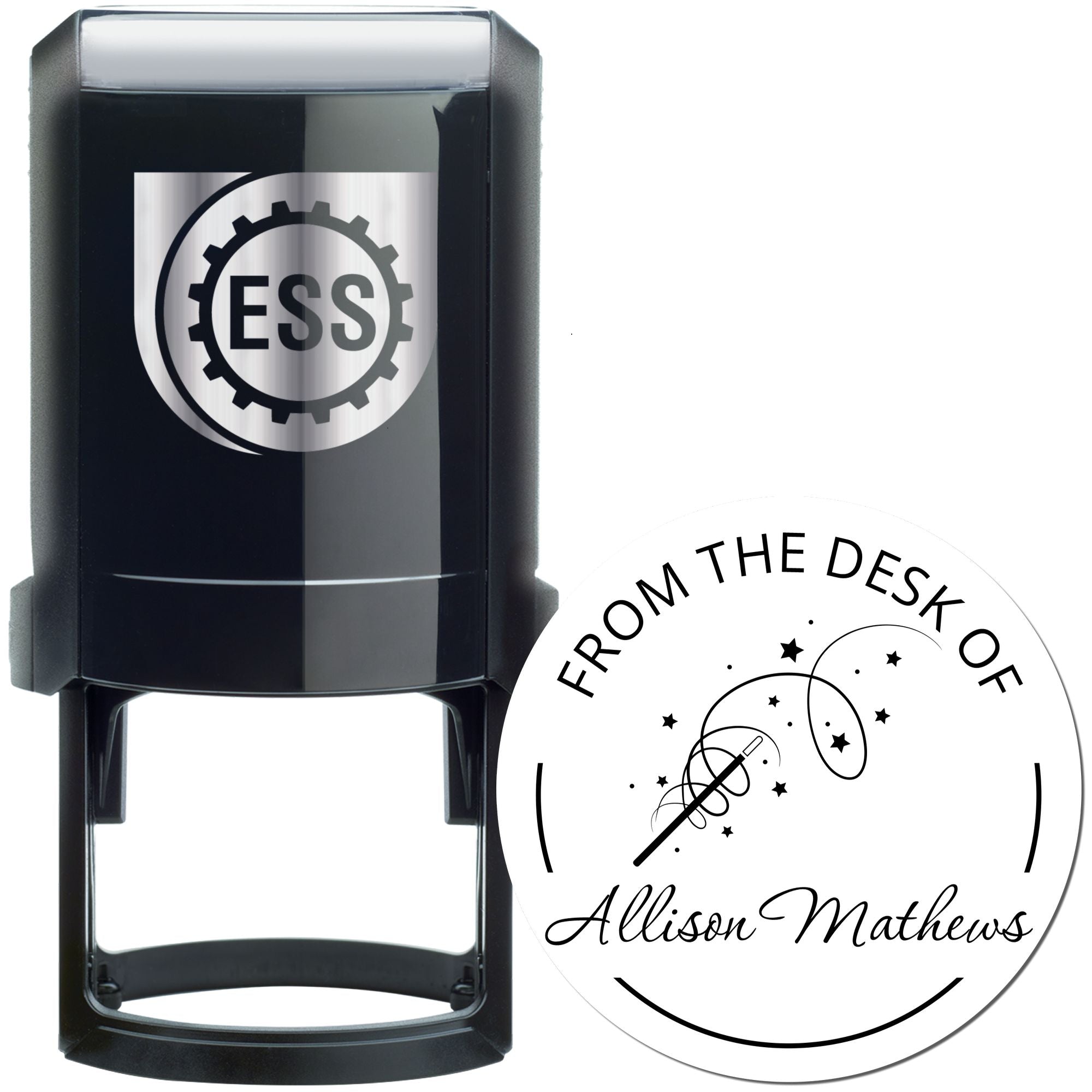 Black self-inking stamp and white desk seal with ESS gear logo, wand and stars, for Allison Mathews.