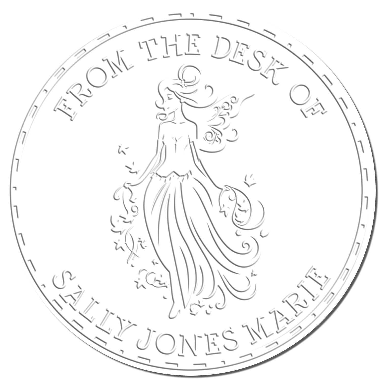 Silver circular desk stamp seal with fairy princess silhouette, embossed text ĀFROM THE DESK OF SALLY JONES MARIEĀ