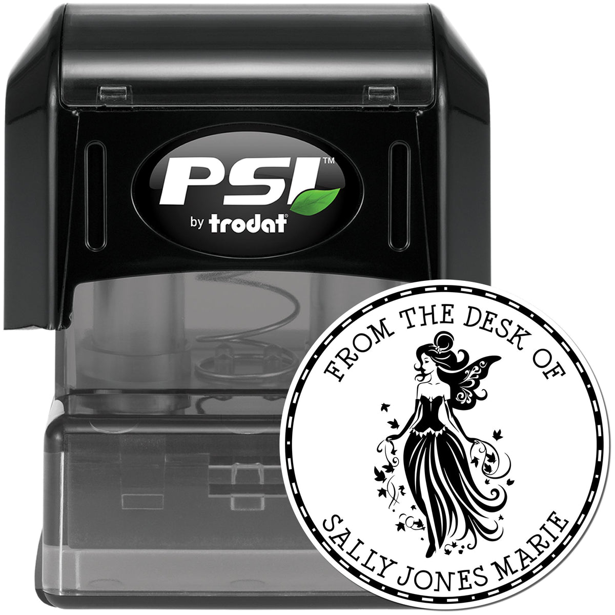 Black PSI by Trodat self-inking stamp with clear case and round white seal featuring a fairy and From the Desk of Sally Jones Marie.