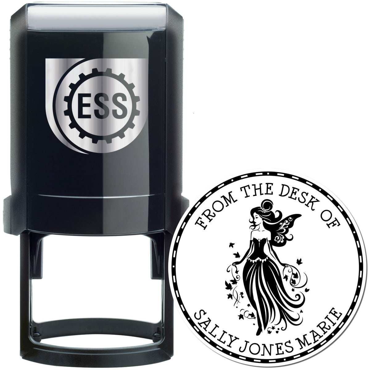 Black self-inking stamp and round seal featuring ESS logo and fairy design on white background
