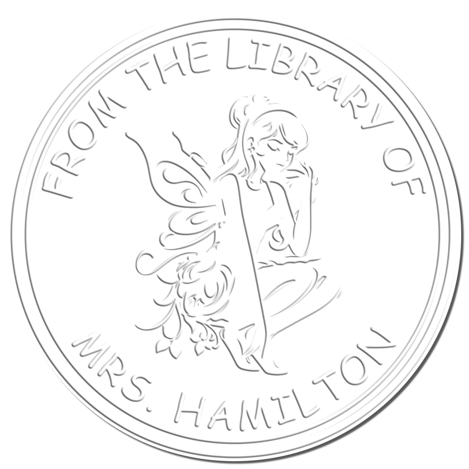 White and gray embossed circular stamp seal with fairy girl illustration and text From the Library of Mrs. Hamilton.