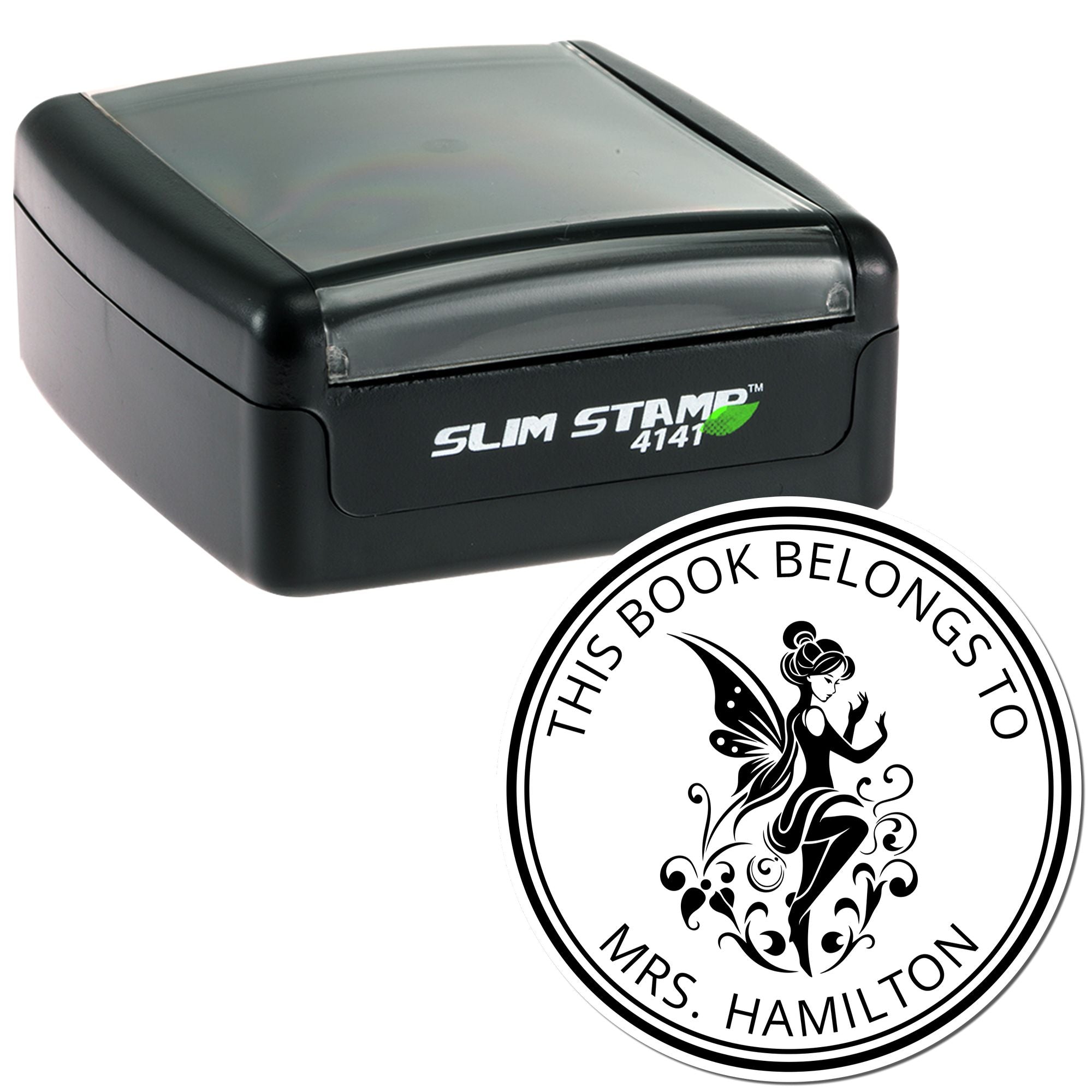 Black Slim Stamp 4141 and round book seal with fairy graphic, black text and border on white background.