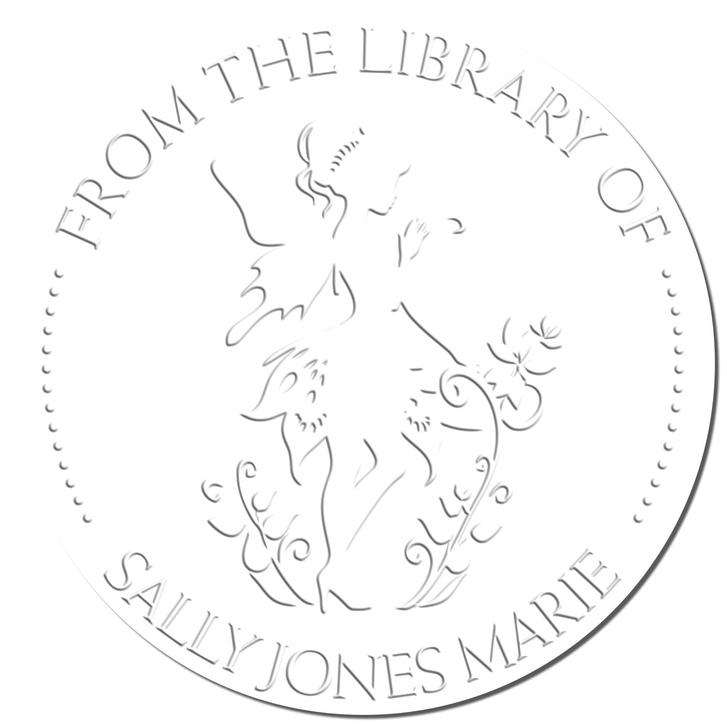 Silver embossed library seal stamp with floral silhouette and circular text, From the Library of Sally Jones Marie.