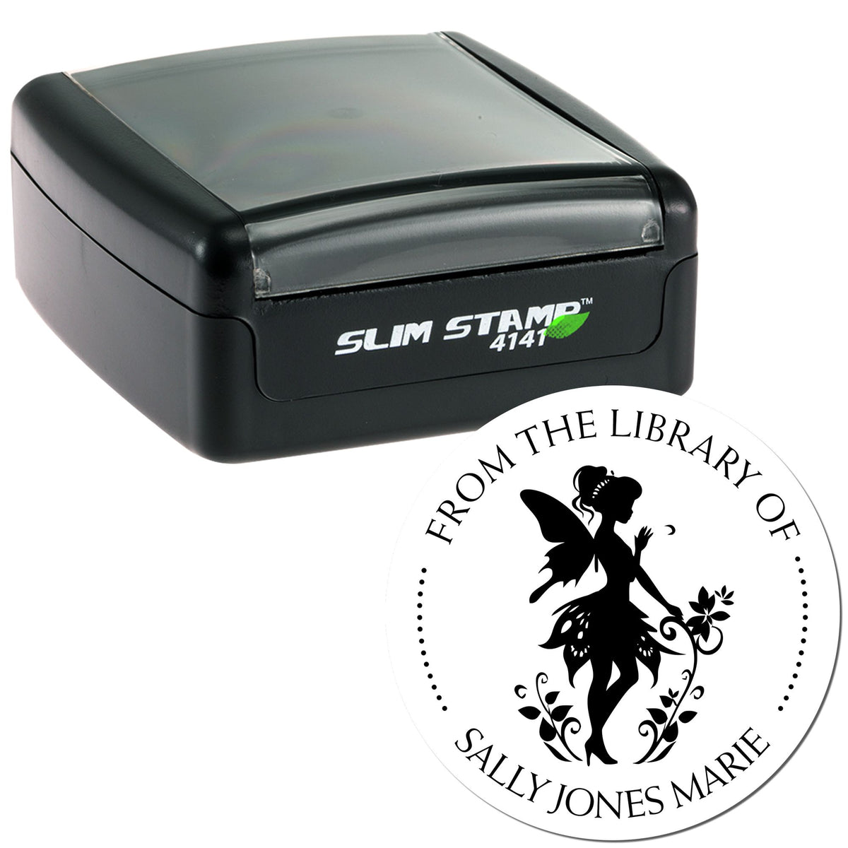 Black Slim Stamp 4141 self-inking stamp with translucent gray lid and white custom library seal featuring a fairy silhouette.