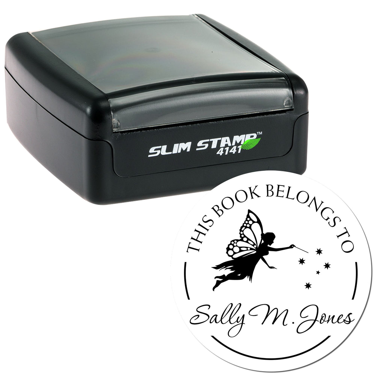 Black Slim Stamp 4141 with clear cover and custom round white seal featuring fairy silhouette and Sally M. Jones text.