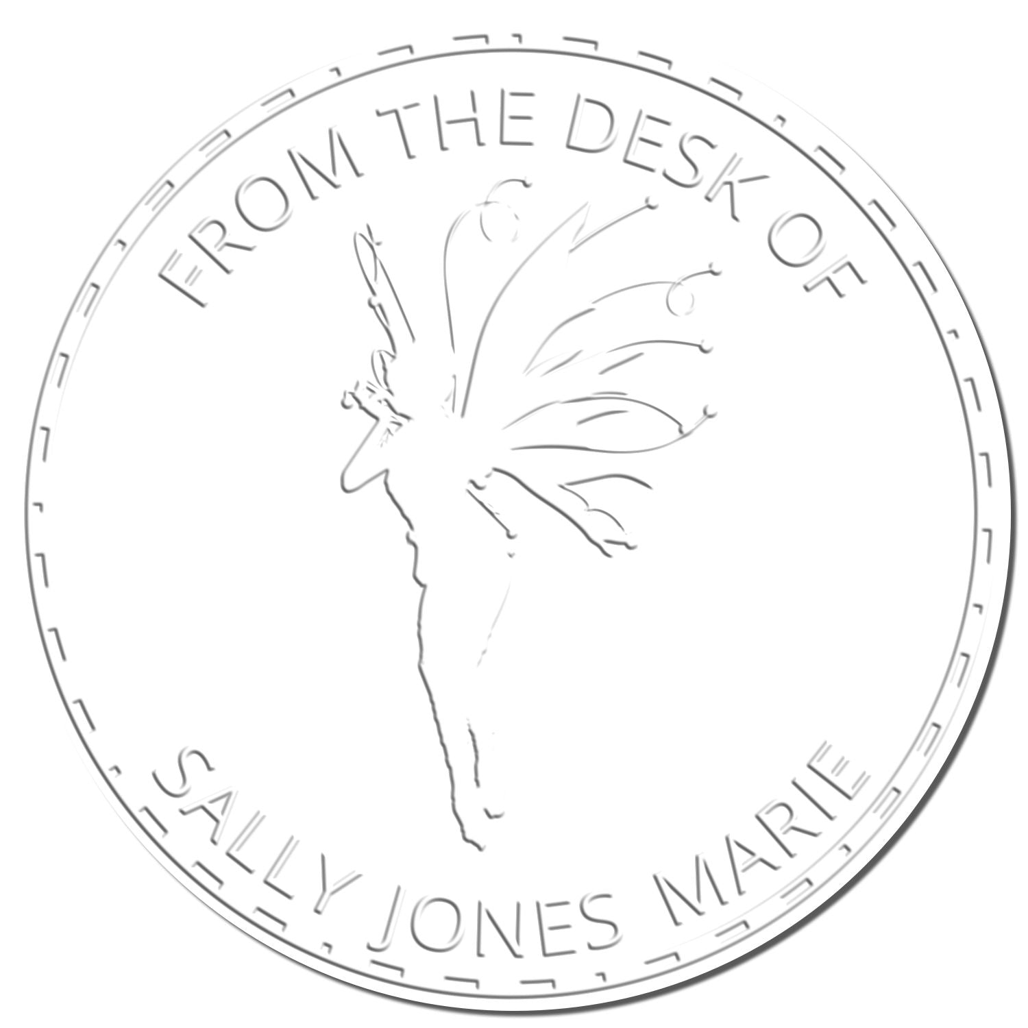 Round white embossed custom stamp seal with fairy silhouette and From the Desk of Sally Jones Marie text