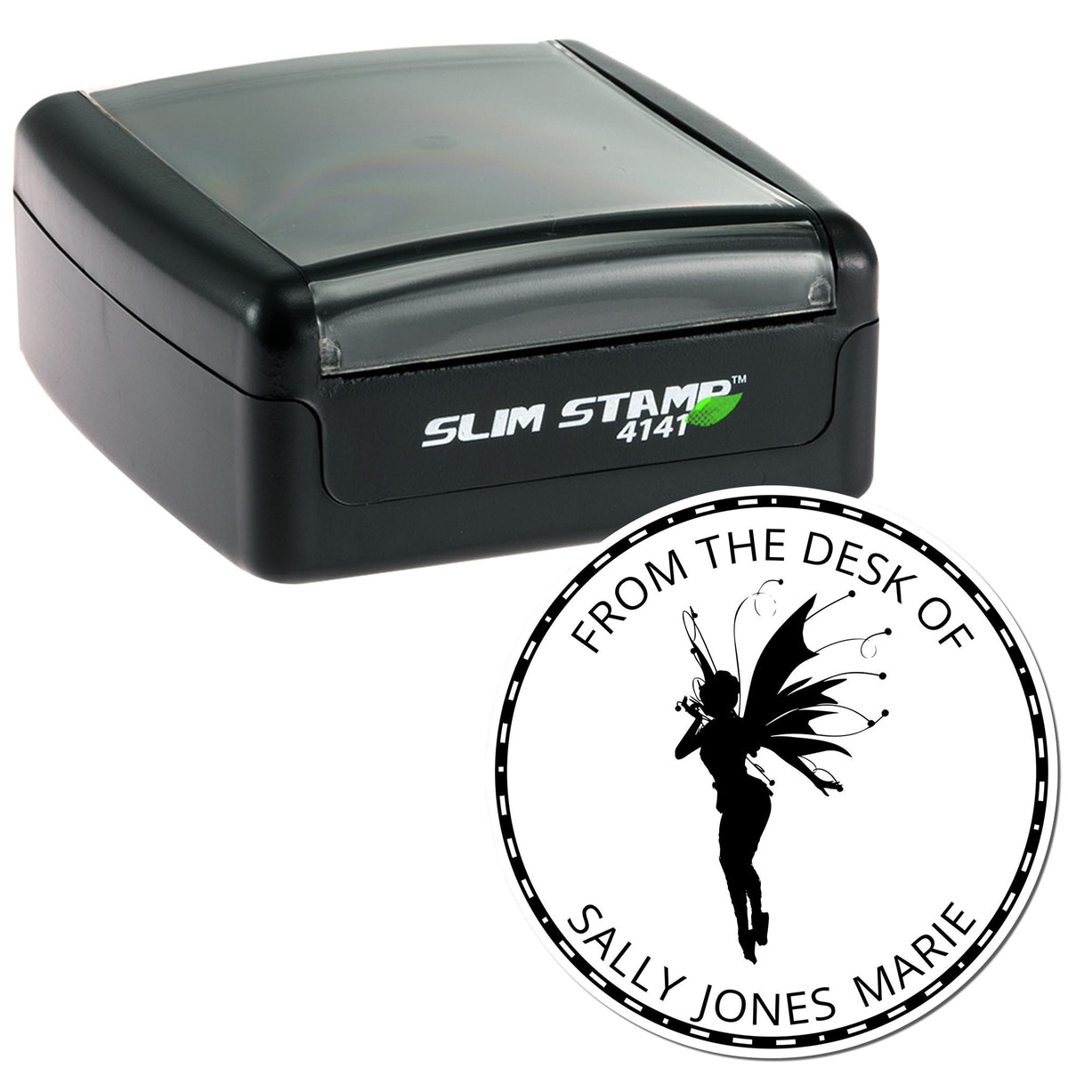 Black Slim Stamp 4141 with gray translucent top, plus round white custom seal with fairy silhouette and black text.