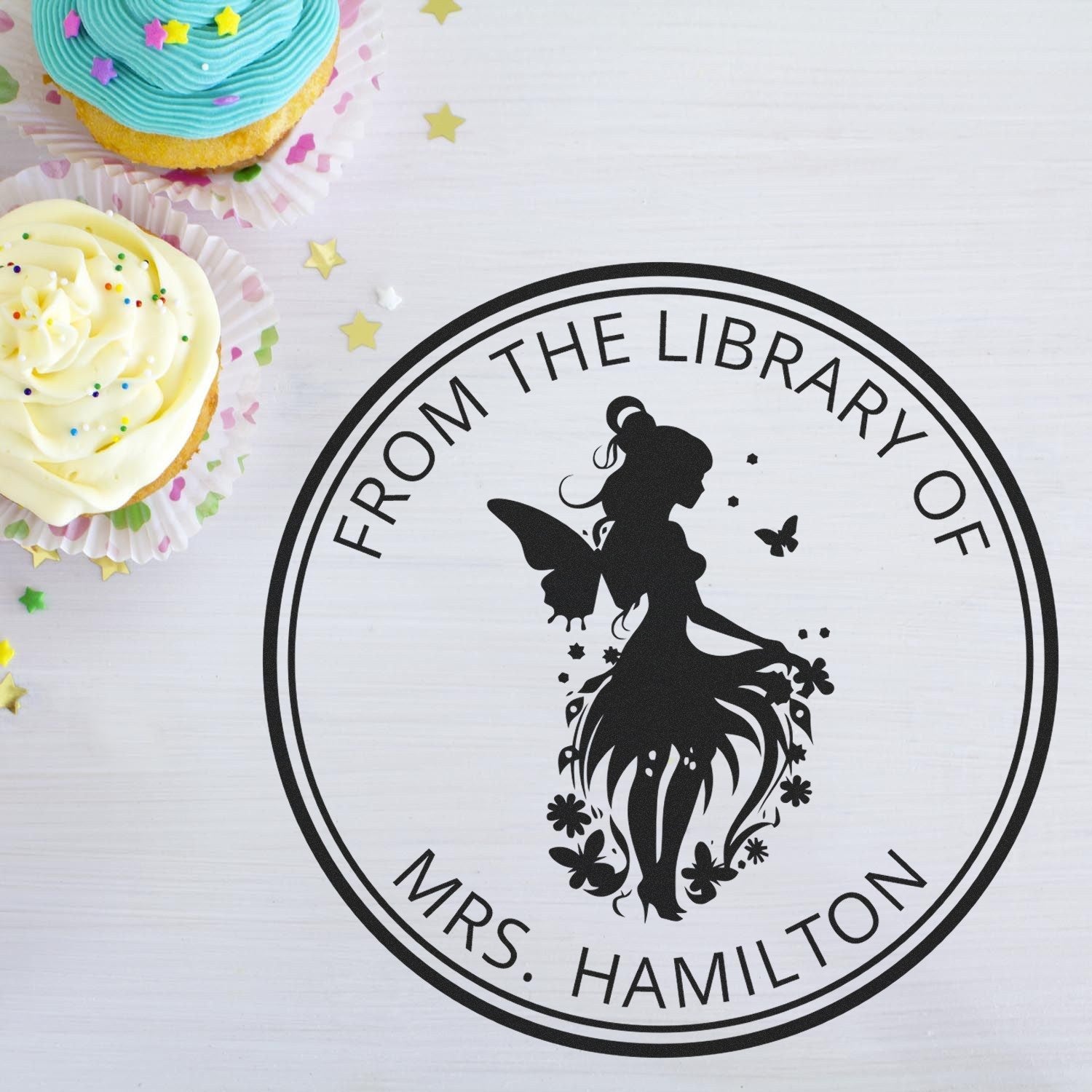 Wood Handle Marigold Magical Fairy Custom Library Ownership Stamp - Engineer Seal Stamps