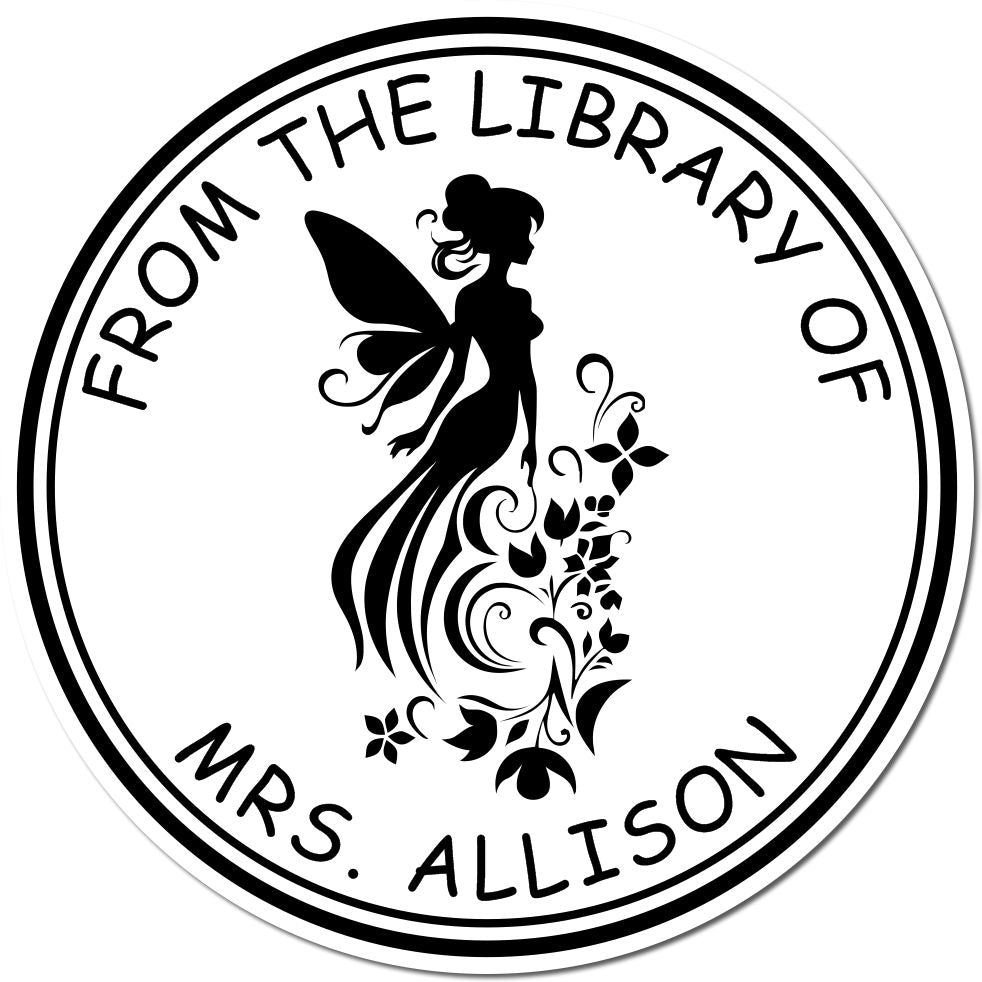 Black circular library stamp seal with fairy silhouette and floral swirls, reading From the Library of Mrs. Allison.