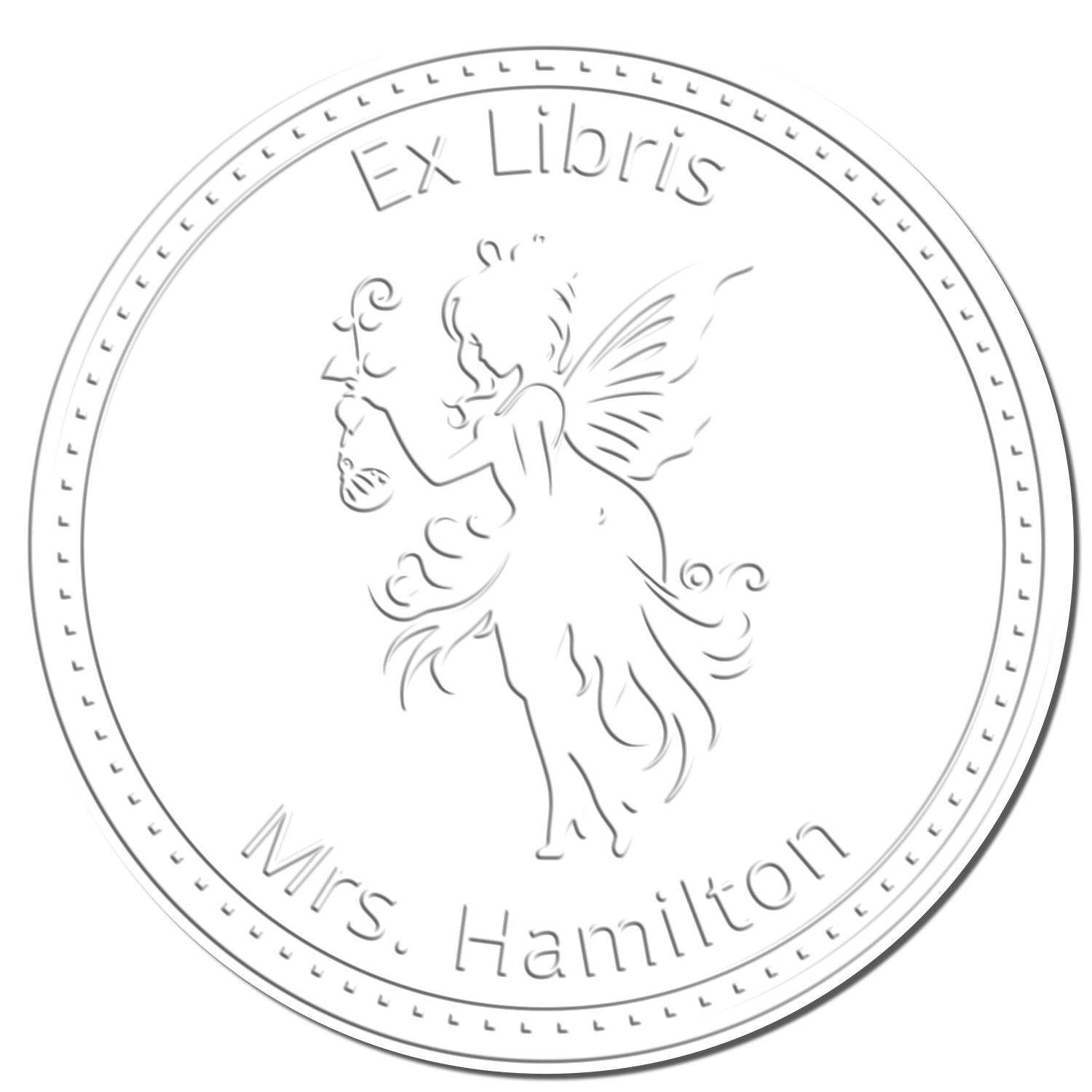 Circular silver embossed ex libris stamp seal with fairy silhouette, Ex Libris and Mrs. Hamilton on white.