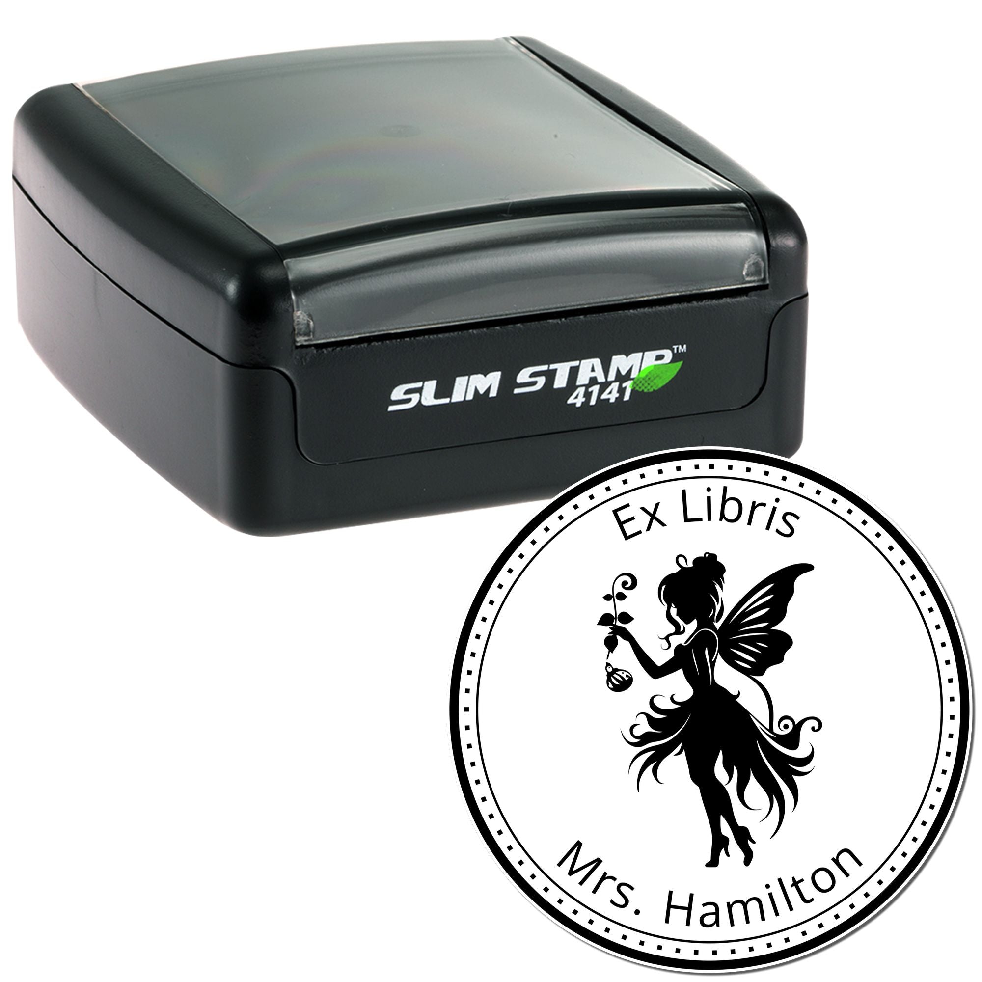 Black Slim Stamp 4141 with translucent top and round Ex Libris seal featuring a fairy silhouette.