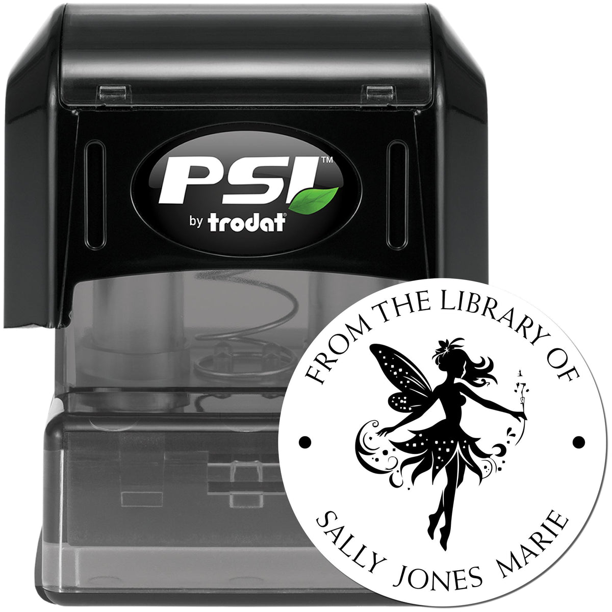 Black PSI by Trodat self-inking stamp with clear base and round custom library seal featuring a fairy silhouette.