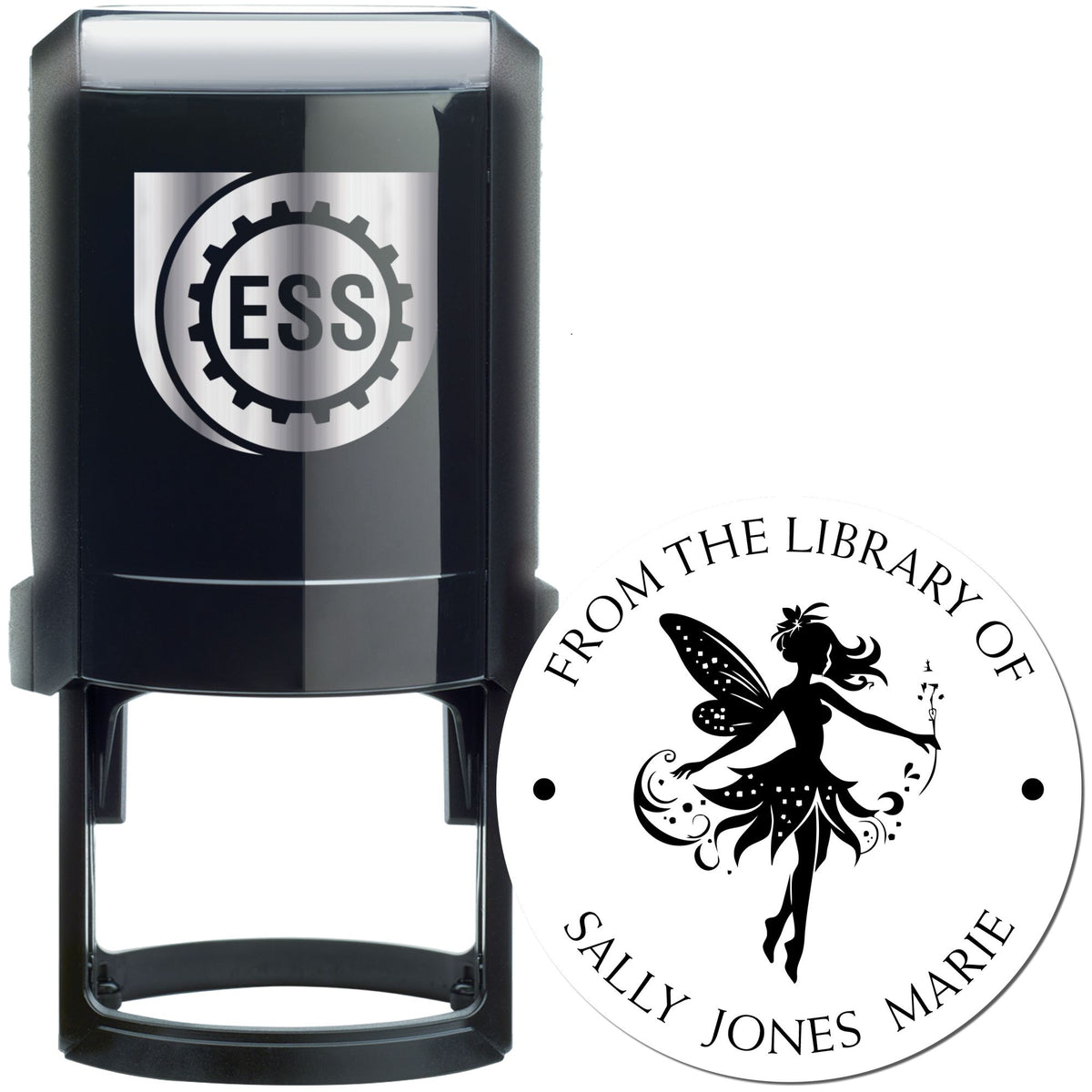 Black self-inking stamp and round custom library seal with ESS logo and fairy silhouette on white.