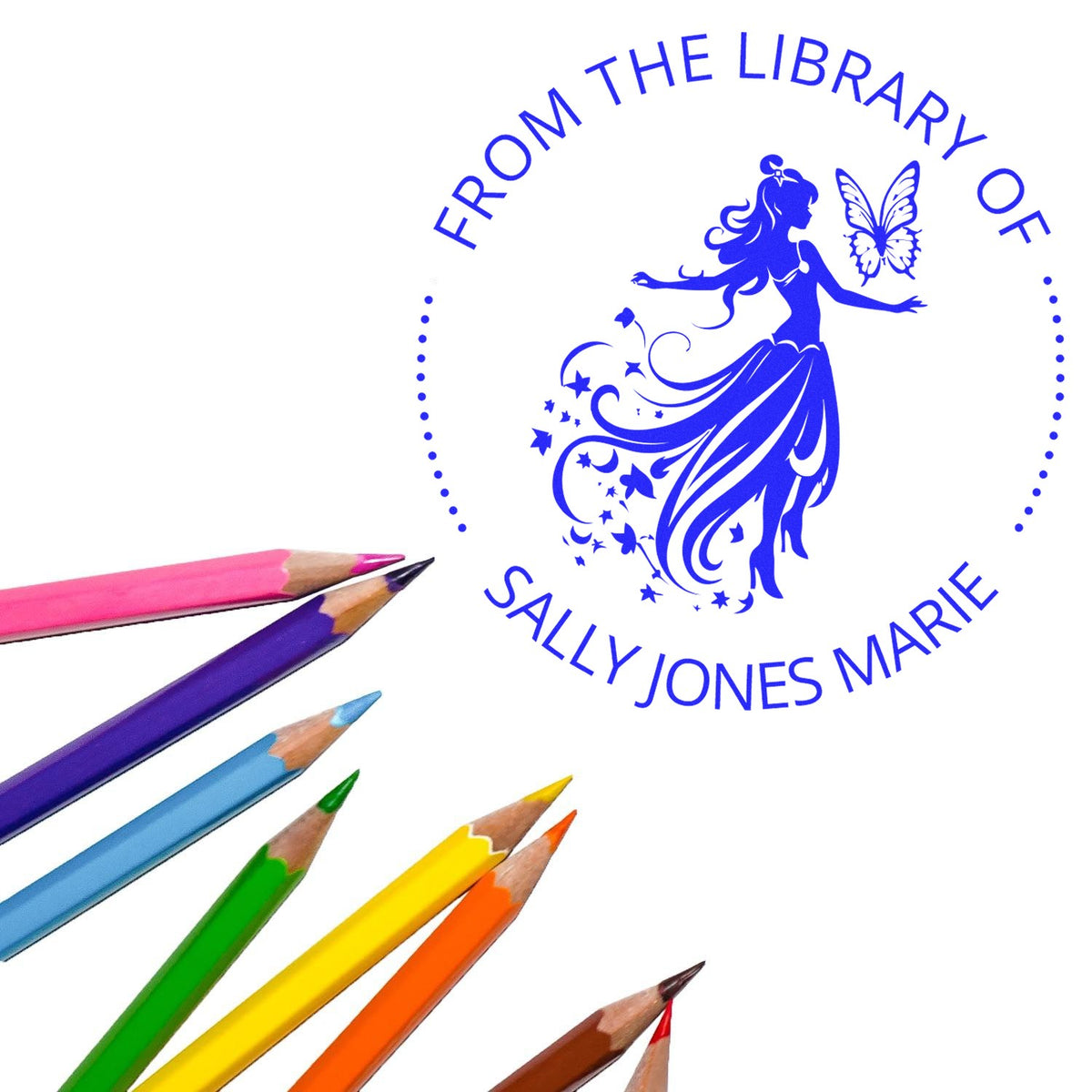 Blue custom library stamp seal with fairy and butterfly, reading From the Library of Sally Jones Marie, beside colored pencils.