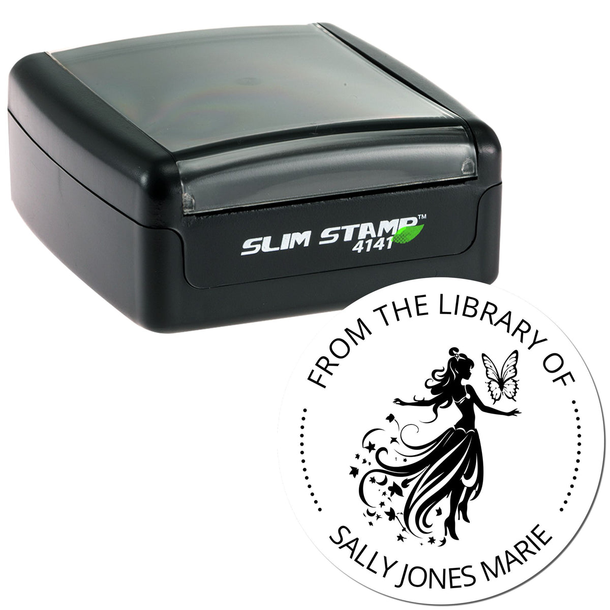 Black slim self-inking stamp with gray lid and white circular library seal featuring fairy silhouette and Sally Jones Marie text