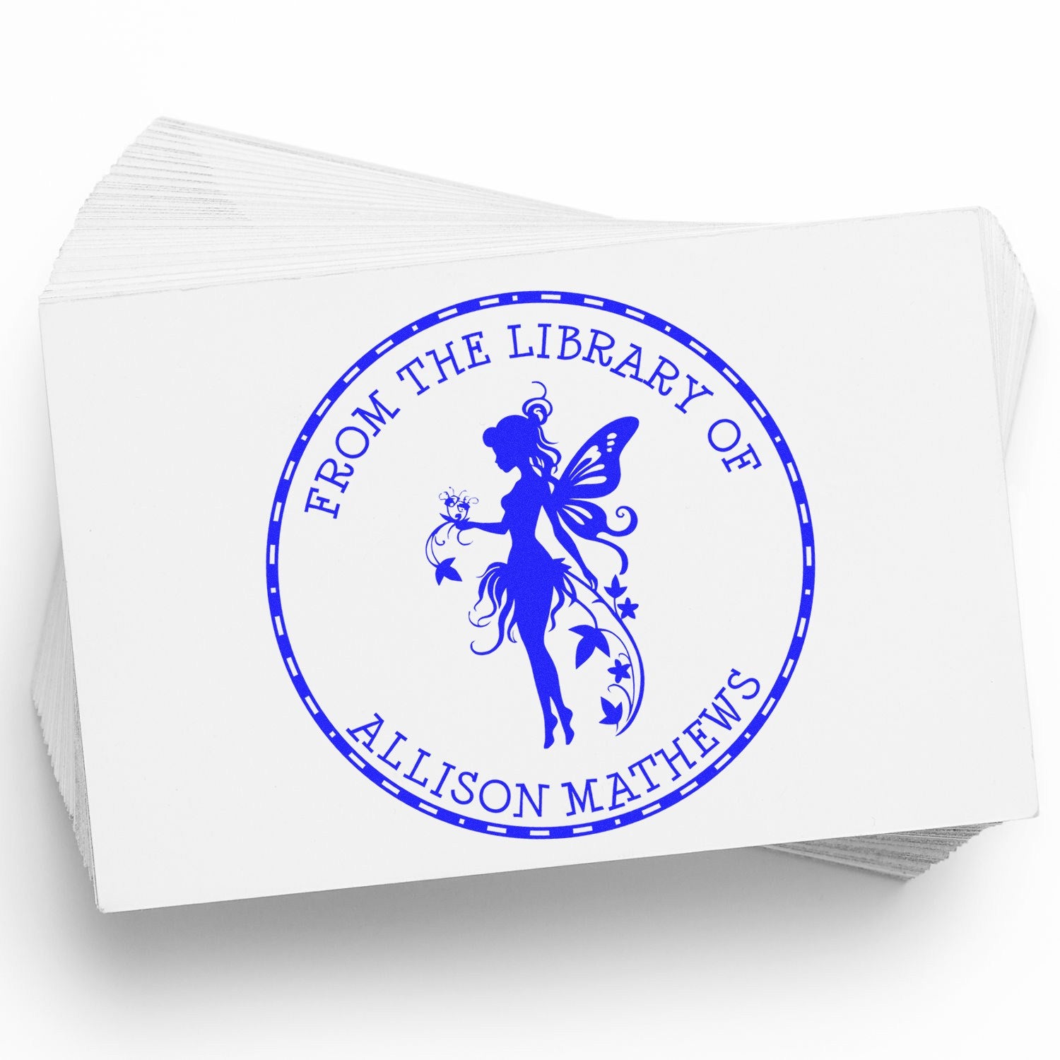 Stack of white stamp cards with a blue circular library seal and fairy silhouette reading From the Library of Allison Matthews