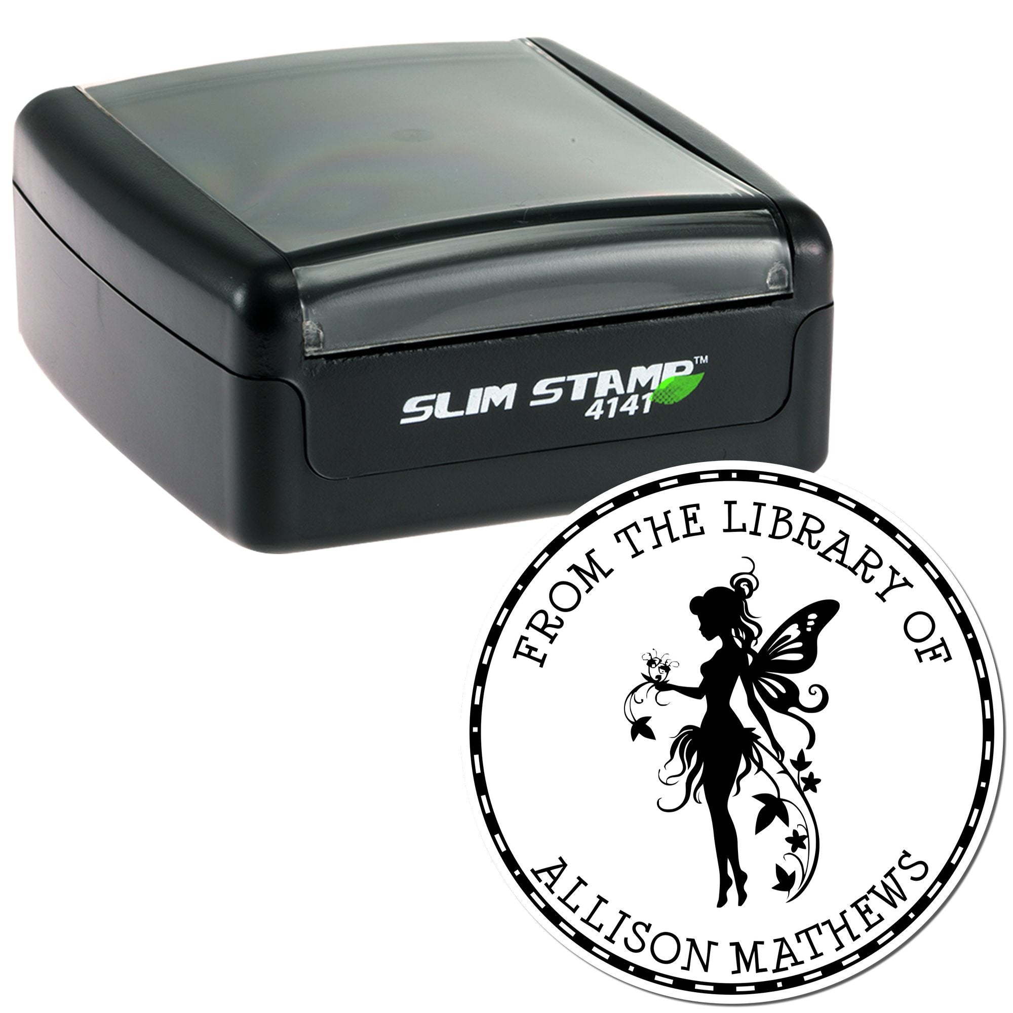 Black Slim Stamp 4141 with clear top and round library seal featuring a fairy silhouette and black text on white.