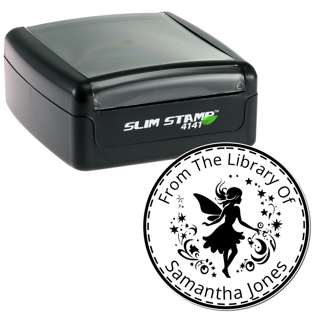 Black Slim Stamp 4141 self-inking stamp with circular black-and-white seal reading From The Library Of Samantha Jones and fairy silhouette.
