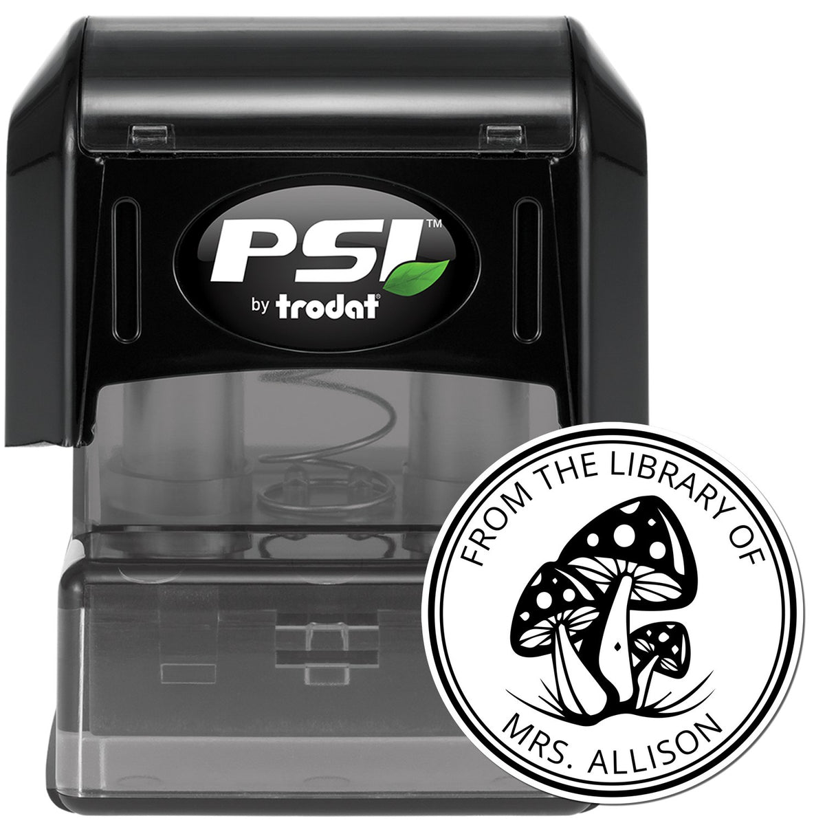 Black PSI by Trodat self-inking stamp with white circular library seal, mushroom design, and Mrs. Allison text.