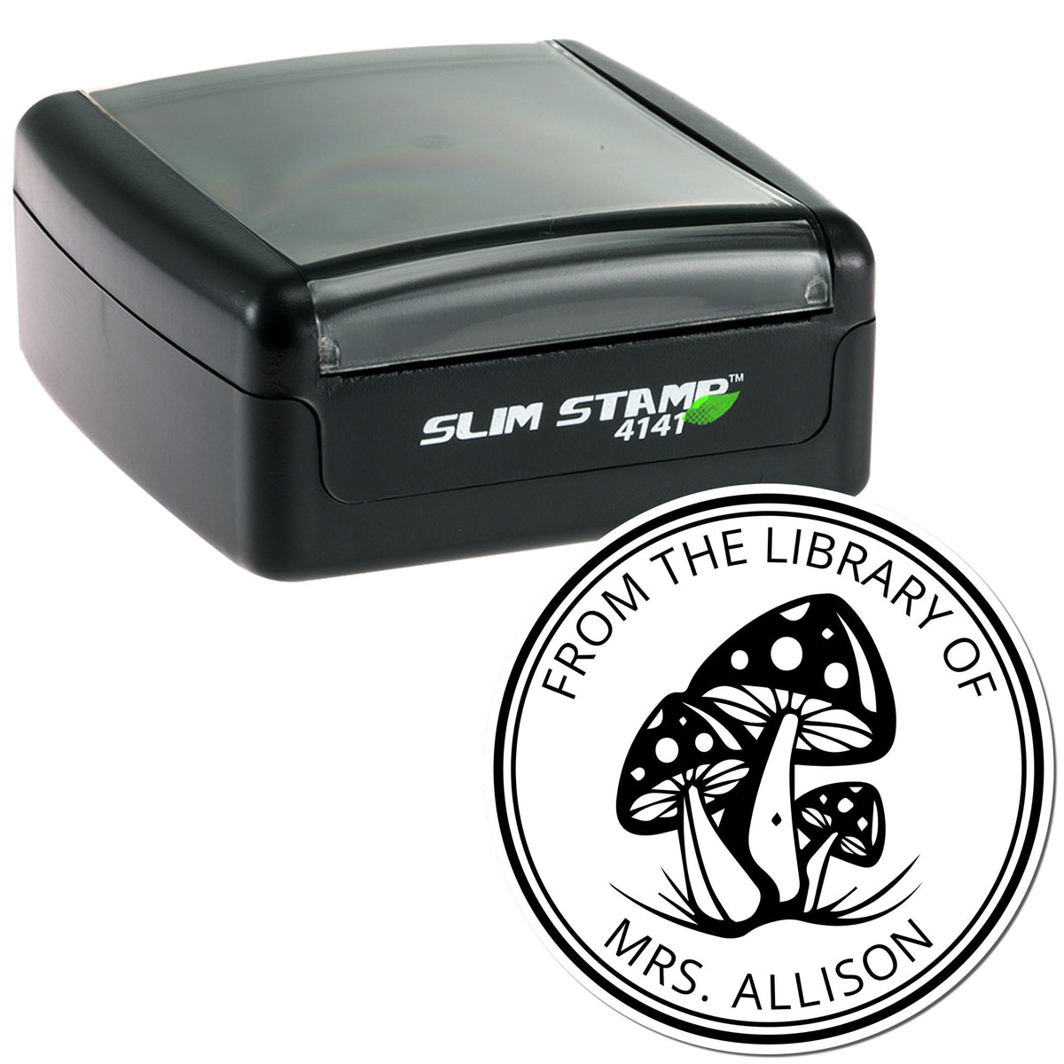 Black Slim Stamp 4141 self-inking stamp with clear cap and round library seal reading From the Library of Mrs. Allison.