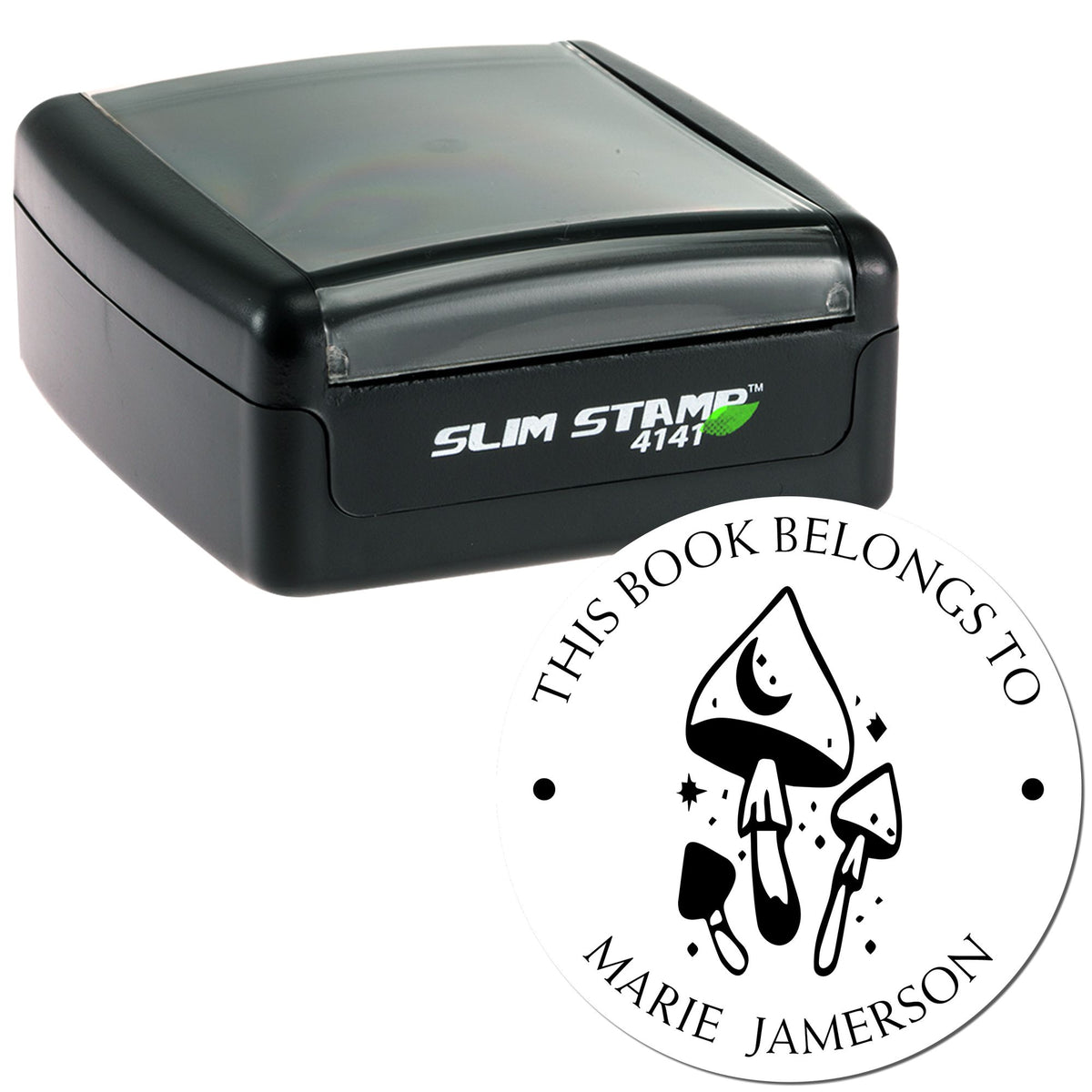 Black Slim Stamp self-inking stamp and round white book seal with mushrooms and This Book Belongs to Marie Jamerson text.