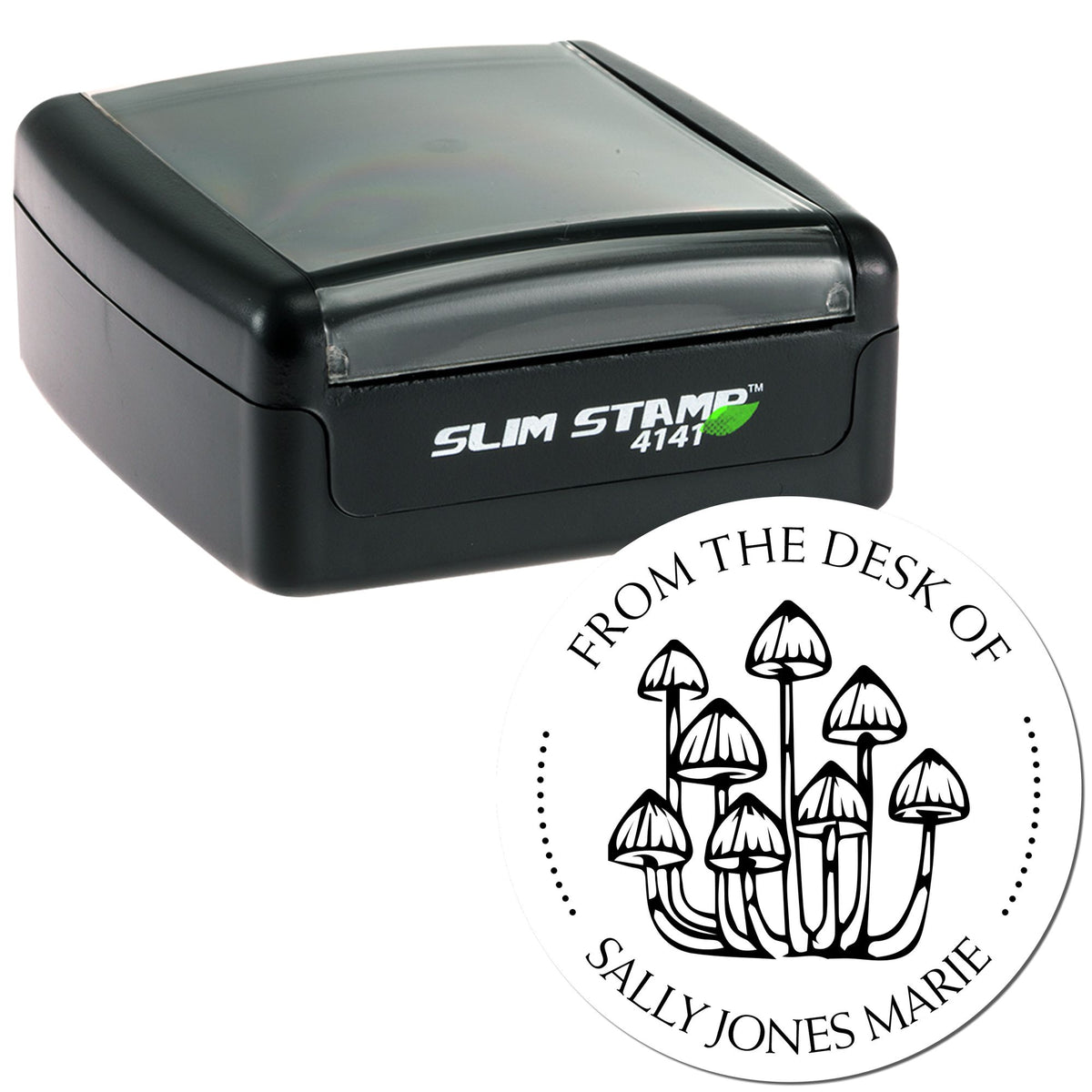 Black Slim Stamp 4141 with translucent gray top and white circular seal featuring a black mushroom design and custom text.