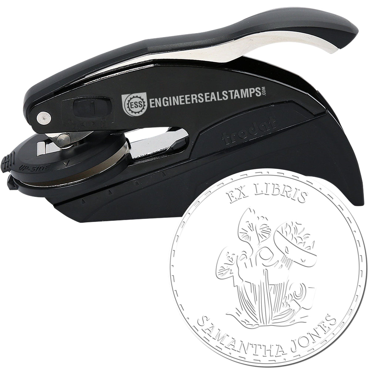 Black and silver desk stamp and seal embosser with custom circular EX LIBRIS seal design.