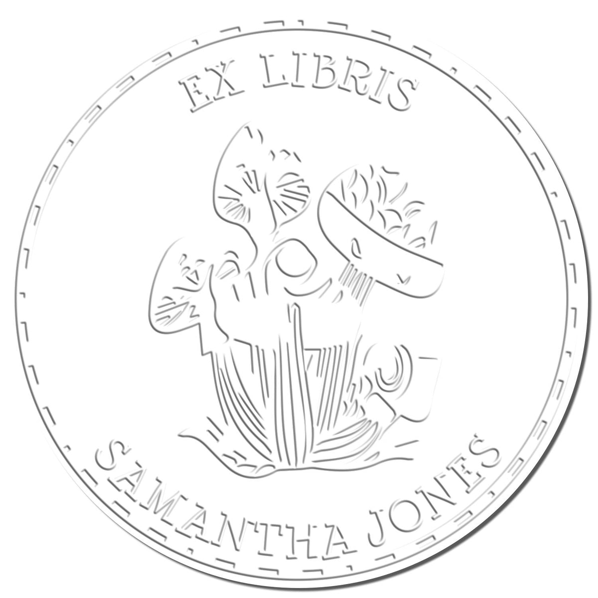 Round silver embossed bookplate stamp seal with Ex Libris Samantha Jones and floral line art on white.