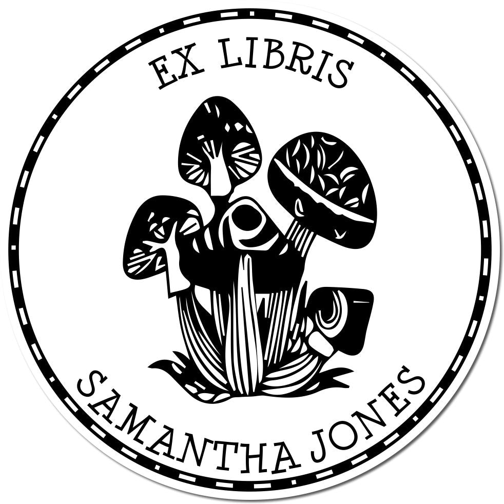 Black-and-white circular ex libris stamp seal with mushroom illustration, border, and Samantha Jones text.