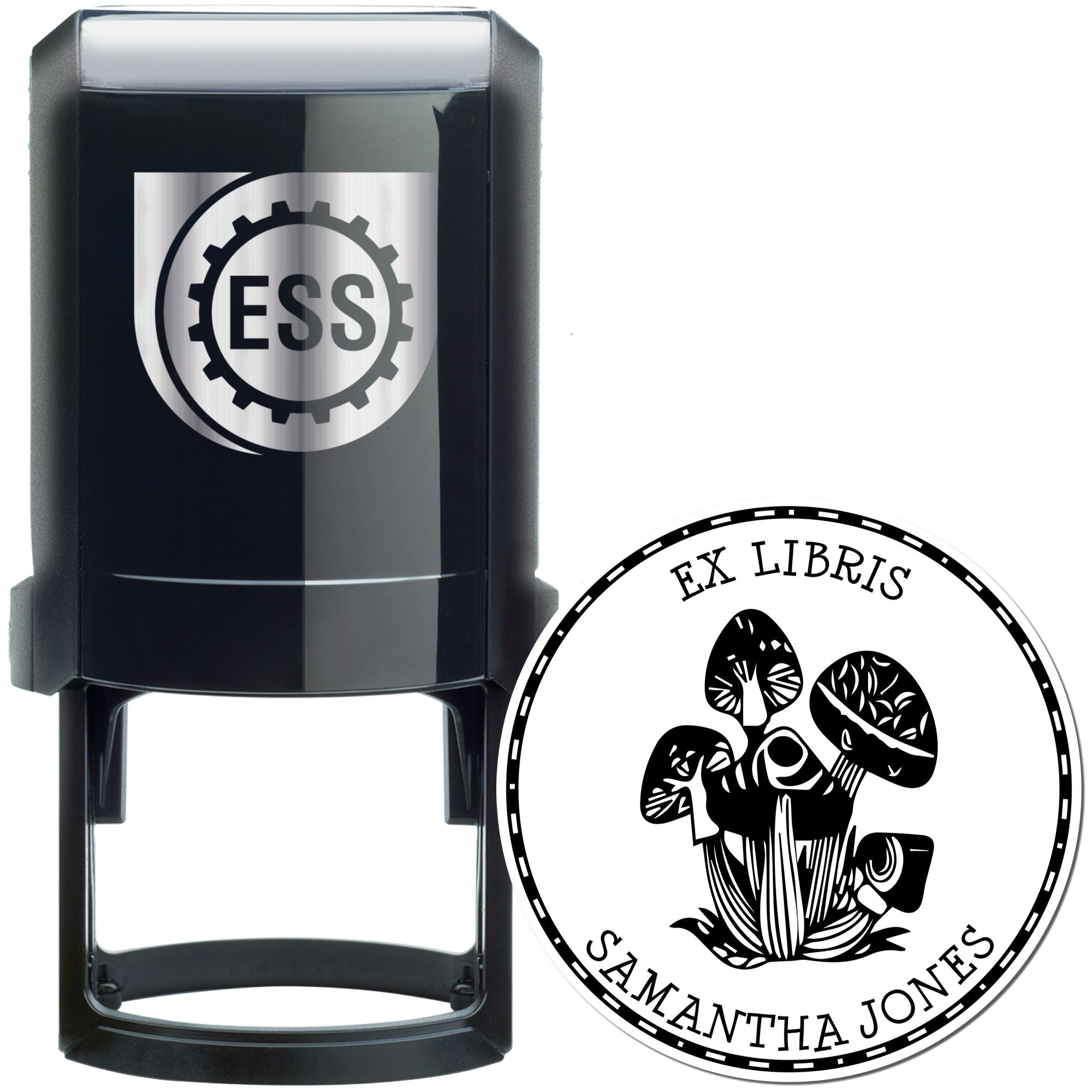 Black self-inking stamp and round book seal in black, silver, and white with ESS logo and Ex Libris Samantha Jones mushroom design.