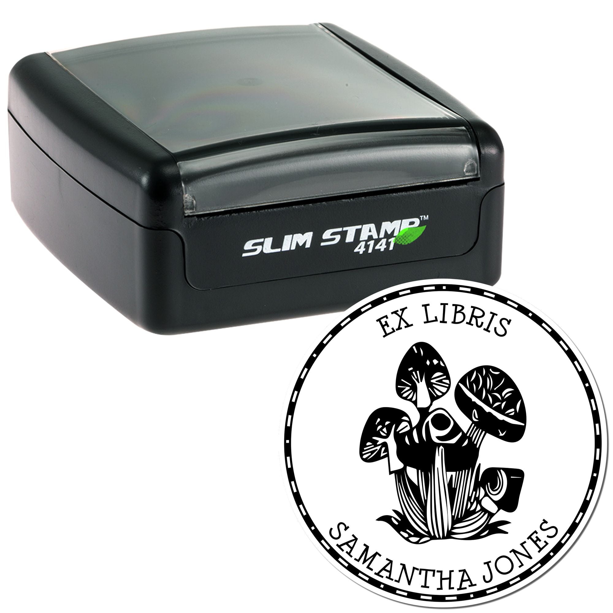 Black self-inking Slim Stamp 4141 with gray cap and circular black-and-white seal featuring mushroom logo and text.