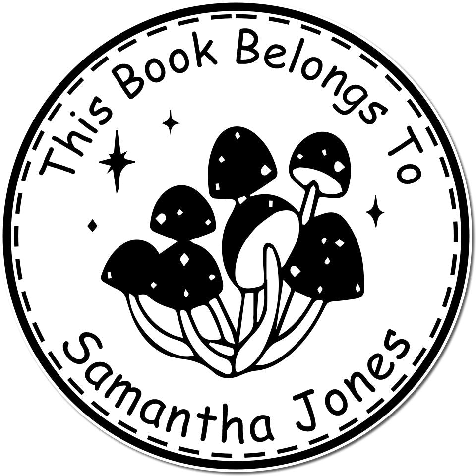 Black-and-white round book ownership stamp seal with mushrooms and stars, reading This Book Belongs To Samantha Jones