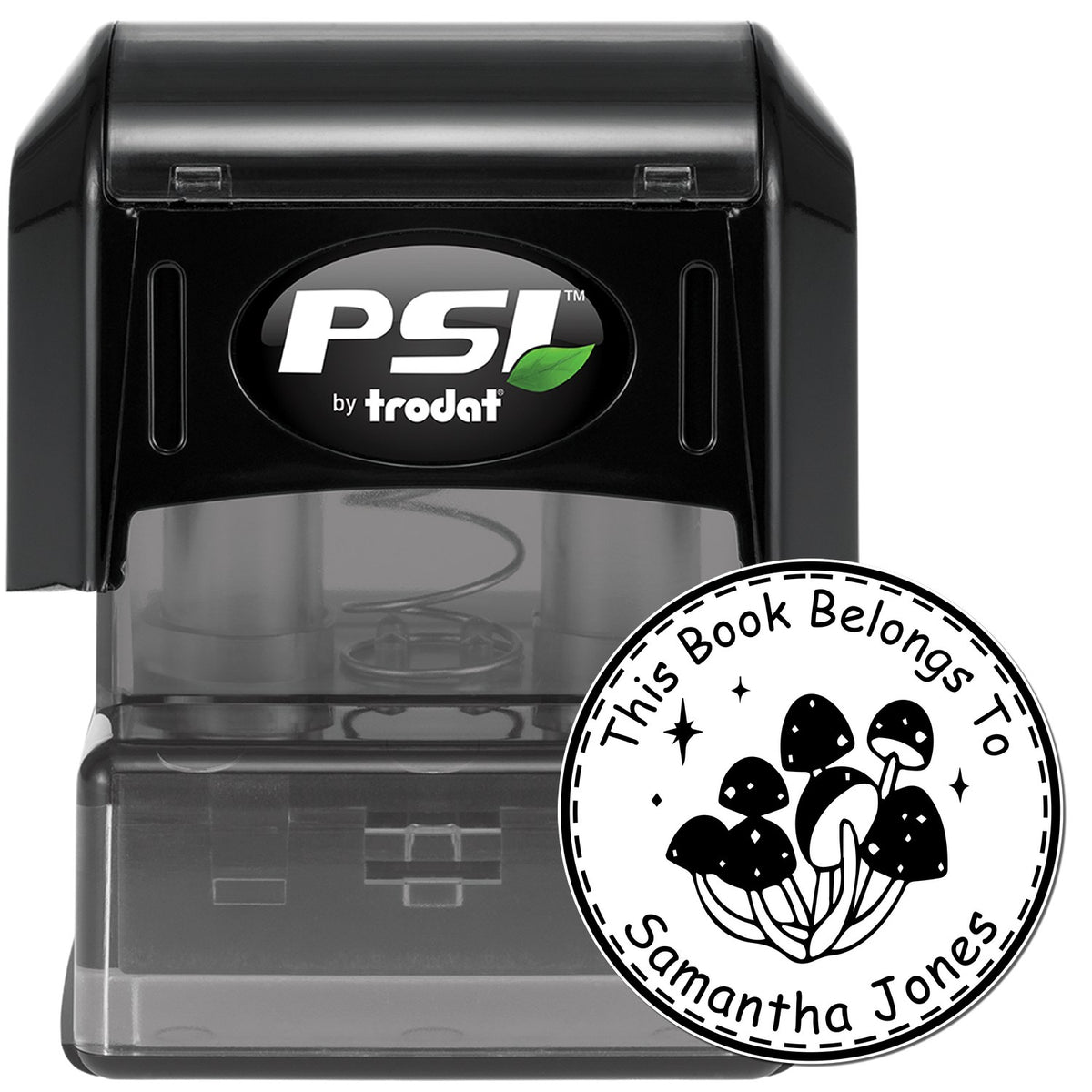 Black PSI by Trodat self-inking stamp with clear base and white circular mushroom book-belongs seal.