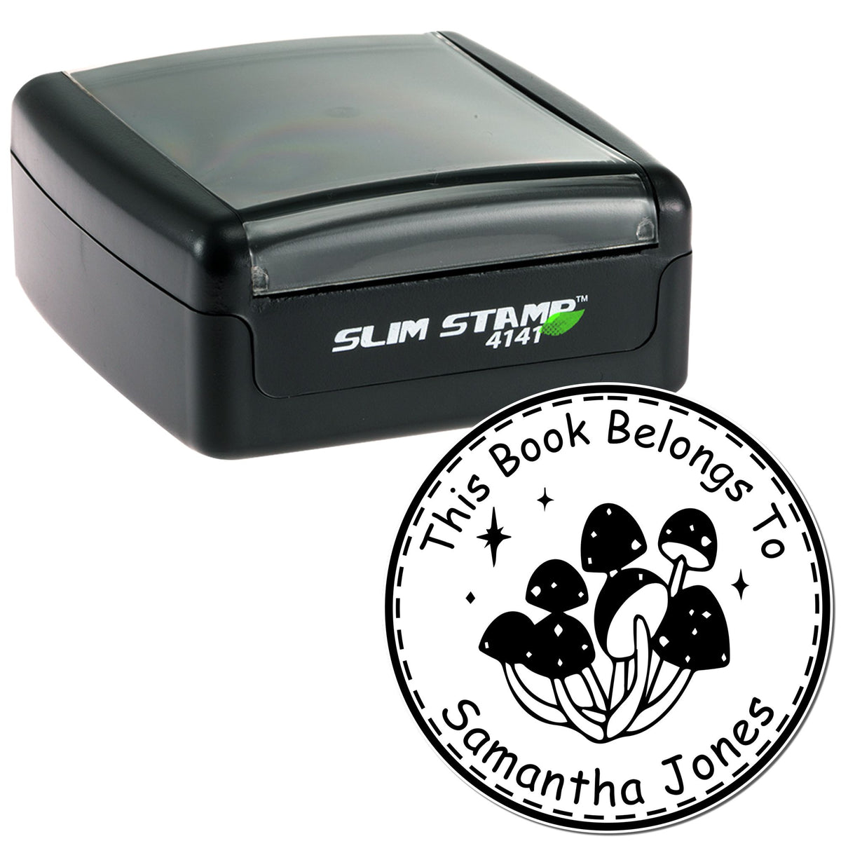 Black self-inking Slim Stamp 4141 and round bookplate seal with mushrooms, reading This Book Belongs to Samantha Jones.