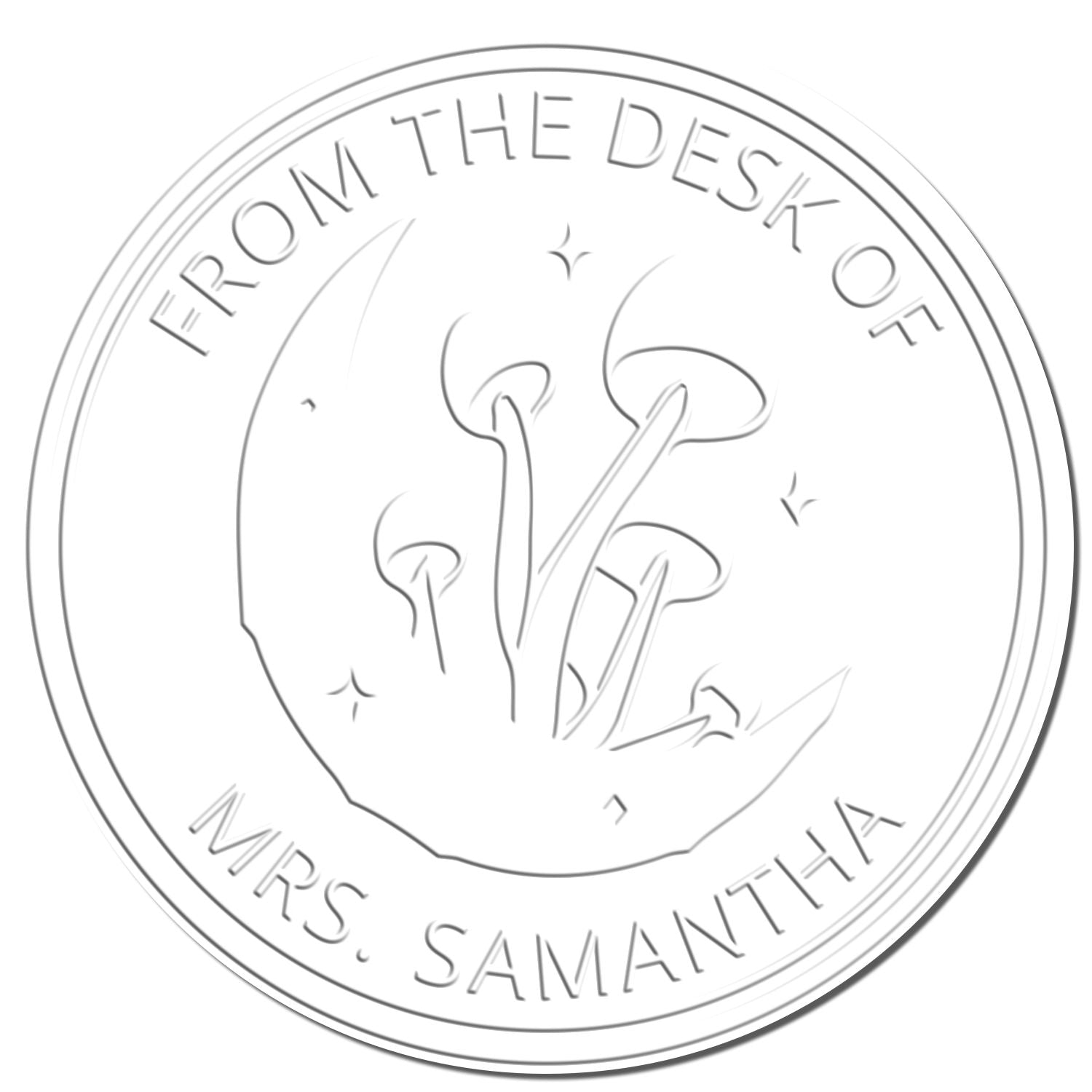 White embossed circular custom desk stamp seal with mushroom illustration and text From the Desk of Mrs. Samantha