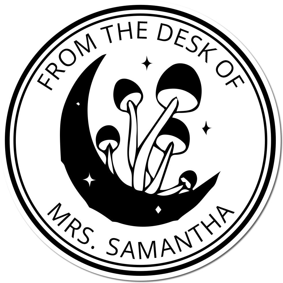 Black-and-white circular stamp seal with crescent moon, mushrooms, and From the Desk of Mrs. Samantha text.